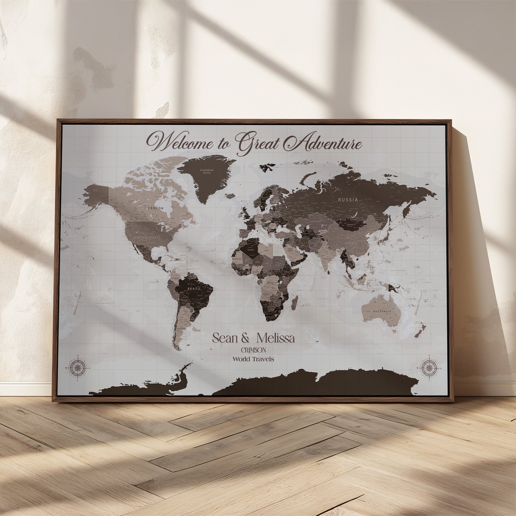 -Personalized Gray Brown World Map Canvas Custom Framed Push Pin Travel Tracker Modern Neutral Wall Art Gift Couples for Home, Office