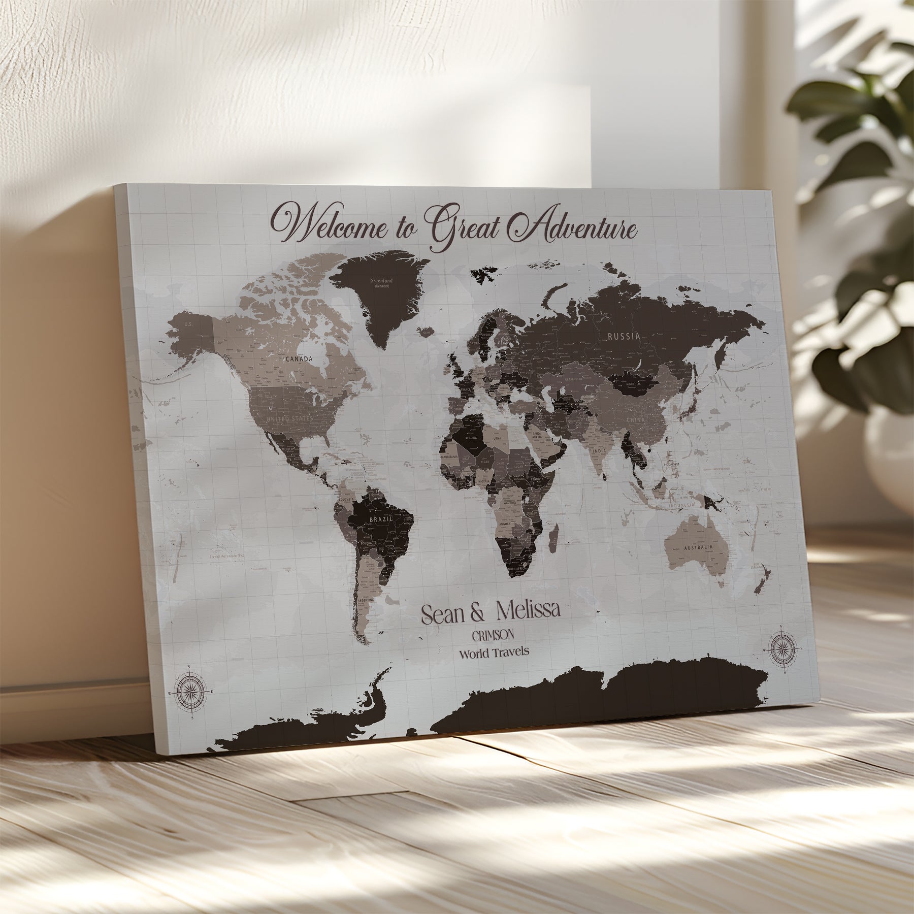 -Personalized Gray Brown World Map Canvas Custom Framed Push Pin Travel Tracker Modern Neutral Wall Art Gift Couples for Home, Office