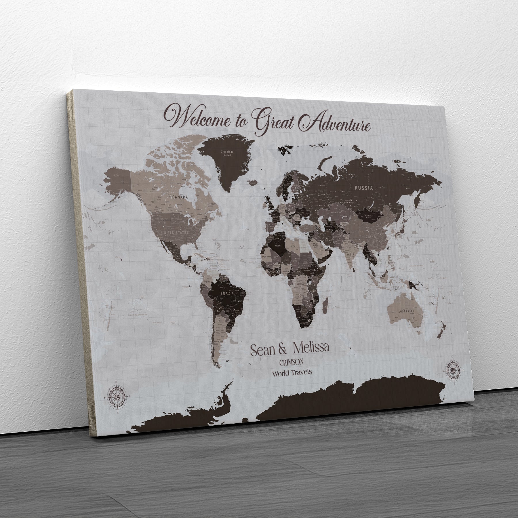-Personalized Gray Brown World Map Canvas Custom Framed Push Pin Travel Tracker Modern Neutral Wall Art Gift Couples for Home, Office