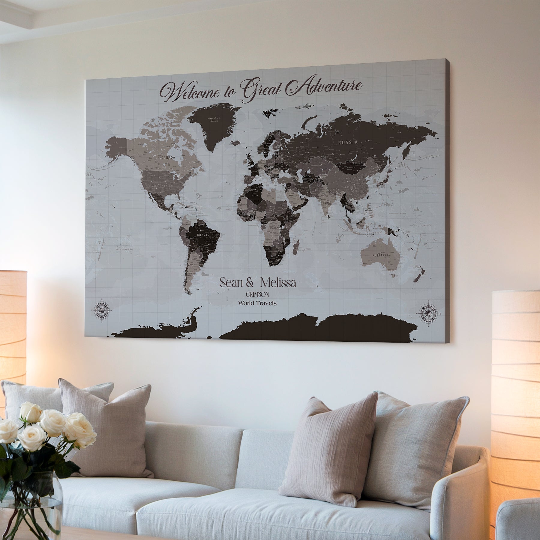 -Personalized Gray Brown World Map Canvas Custom Framed Push Pin Travel Tracker Modern Neutral Wall Art Gift Couples for Home, Office