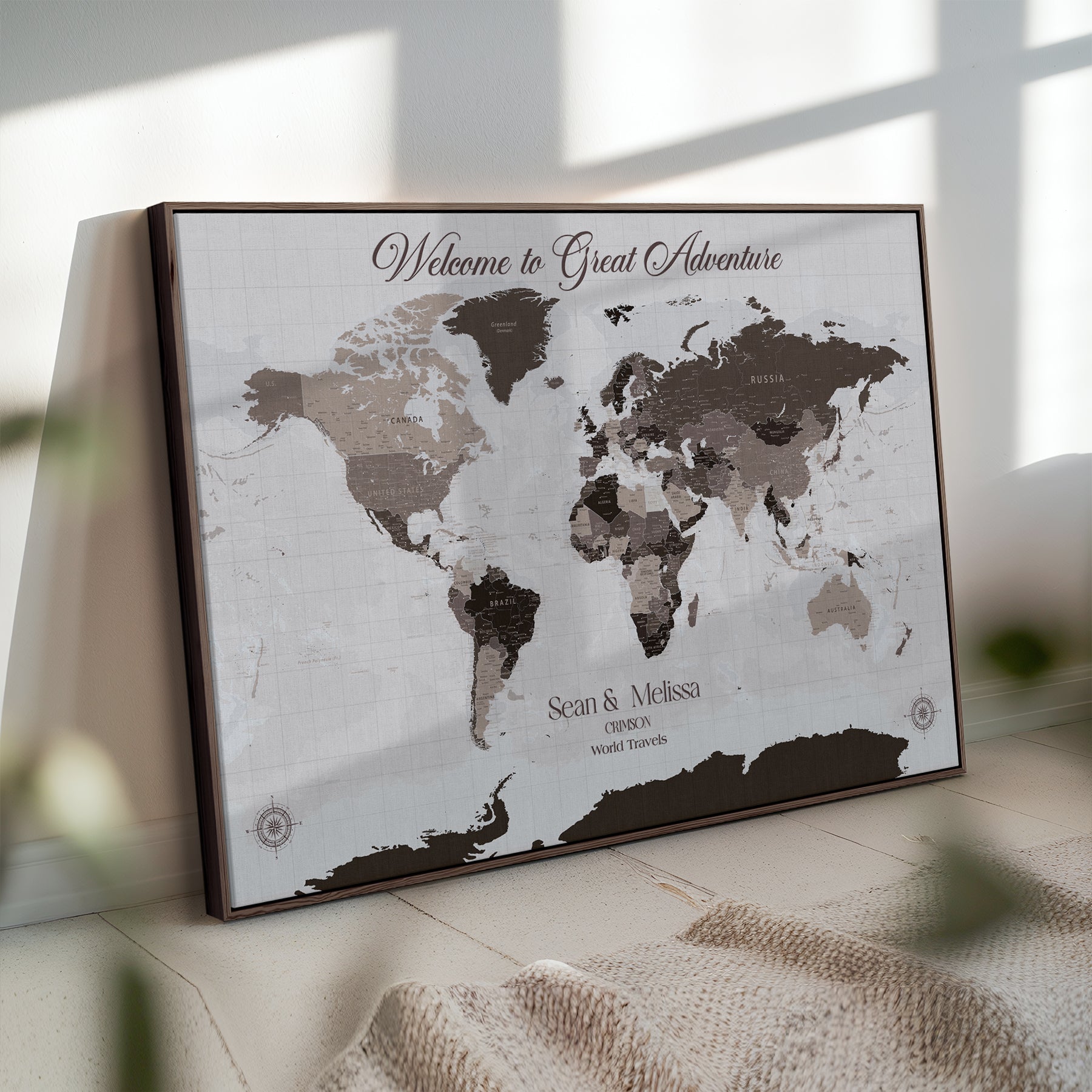 -Personalized Gray Brown World Map Canvas Custom Framed Push Pin Travel Tracker Modern Neutral Wall Art Gift Couples for Home, Office