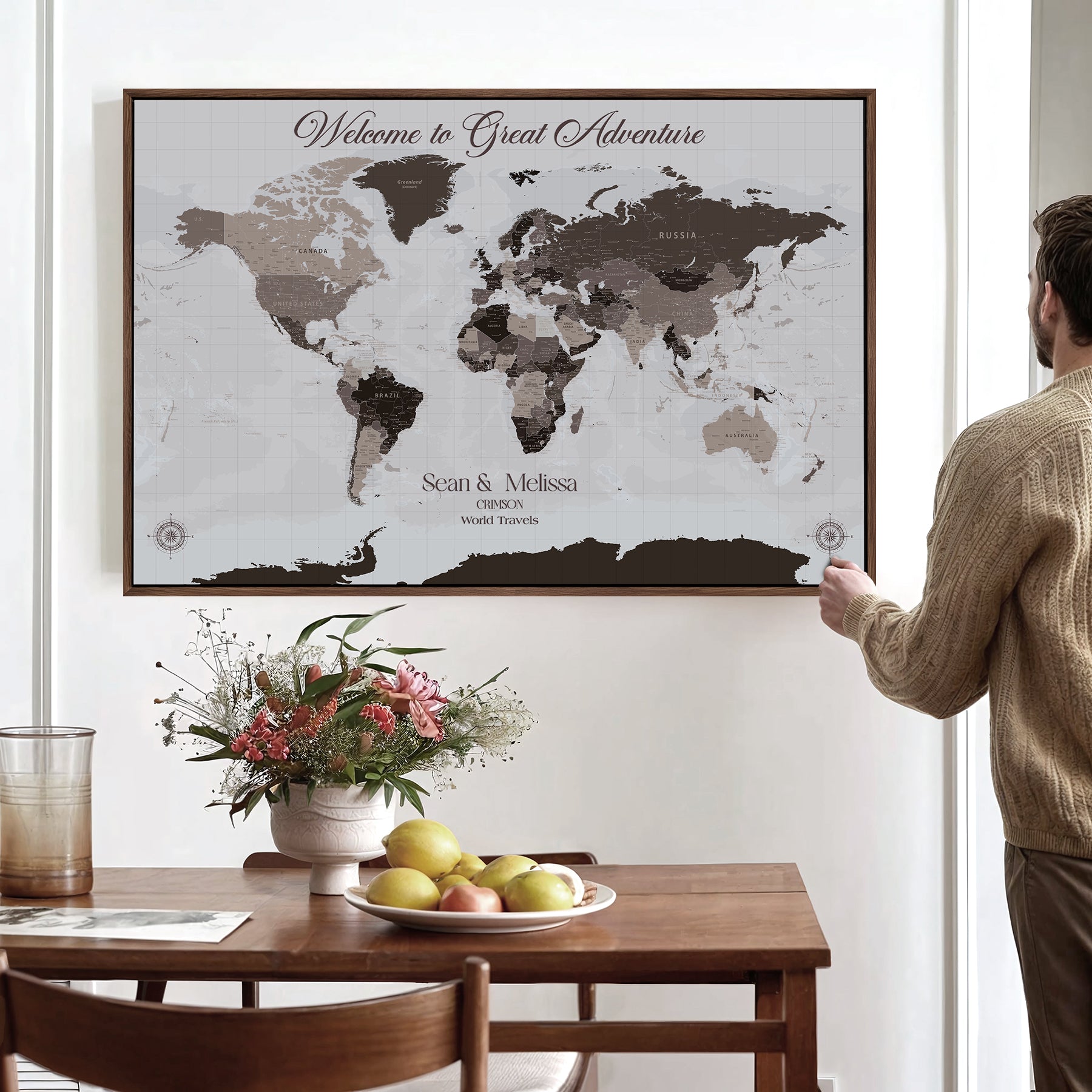 -Personalized Gray Brown World Map Canvas Custom Framed Push Pin Travel Tracker Modern Neutral Wall Art Gift Couples for Home, Office