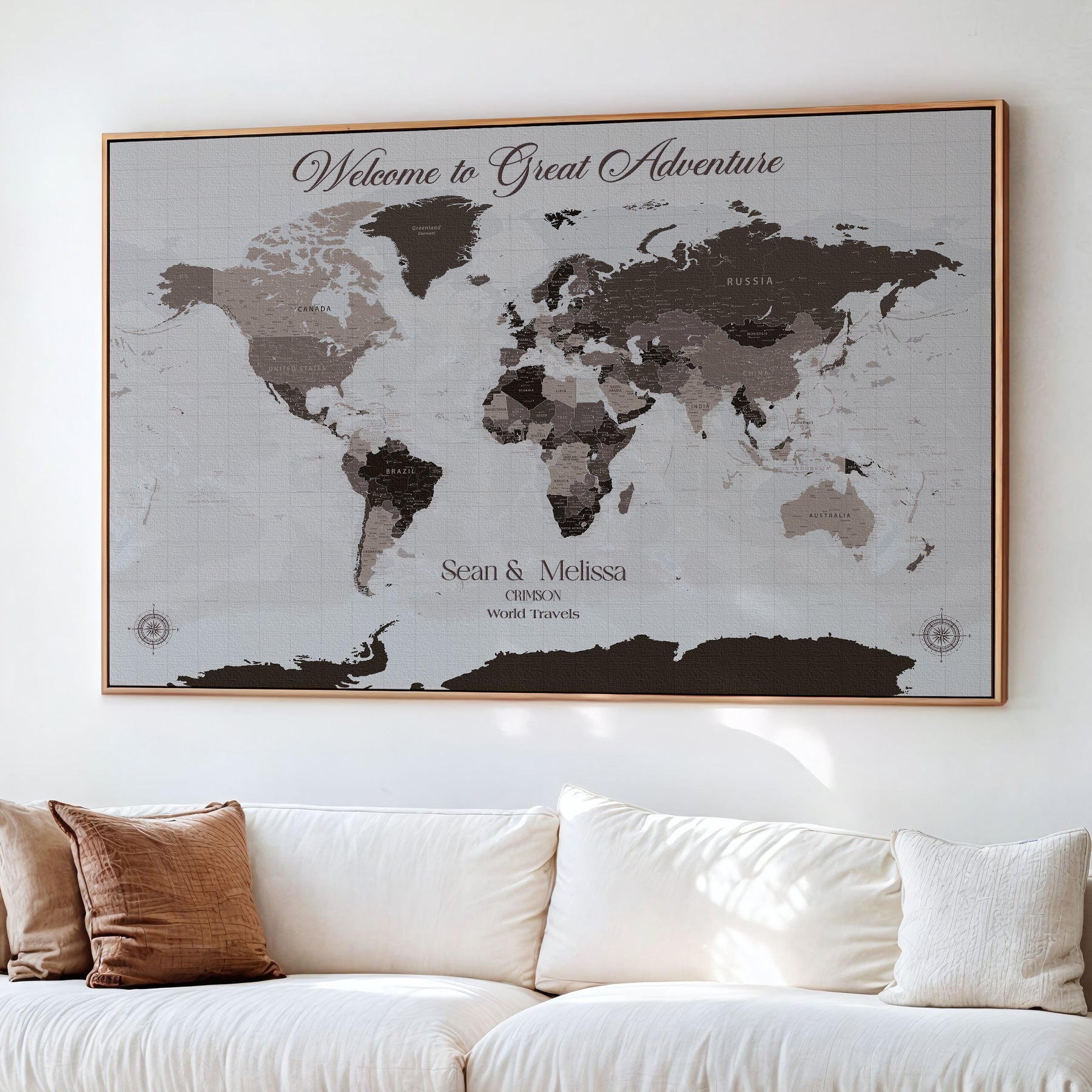 -Personalized Gray Brown World Map Canvas Custom Framed Push Pin Travel Tracker Modern Neutral Wall Art Gift Couples for Home, Office
