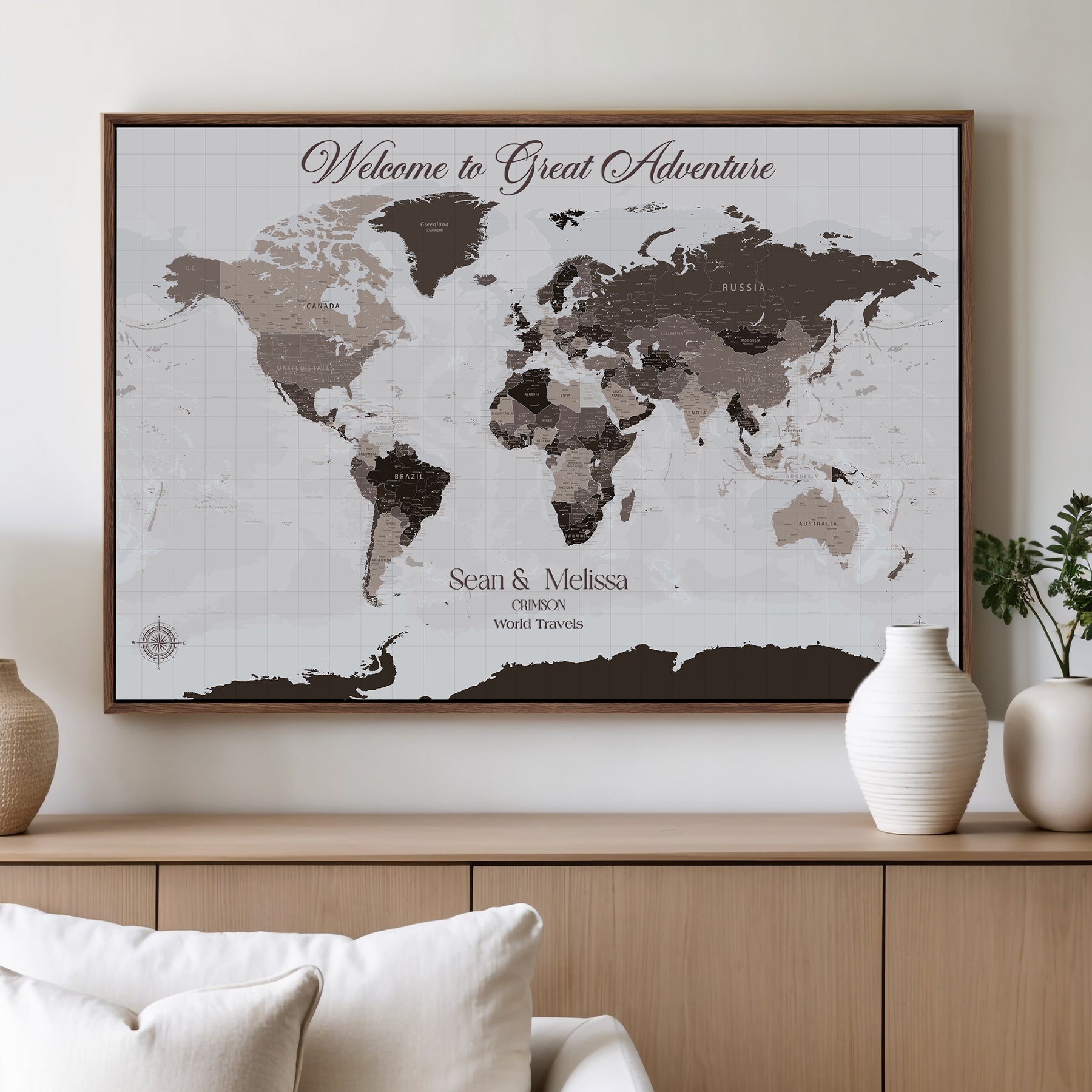 -Personalized Gray Brown World Map Canvas Custom Framed Push Pin Travel Tracker Modern Neutral Wall Art Gift Couples for Home, Office