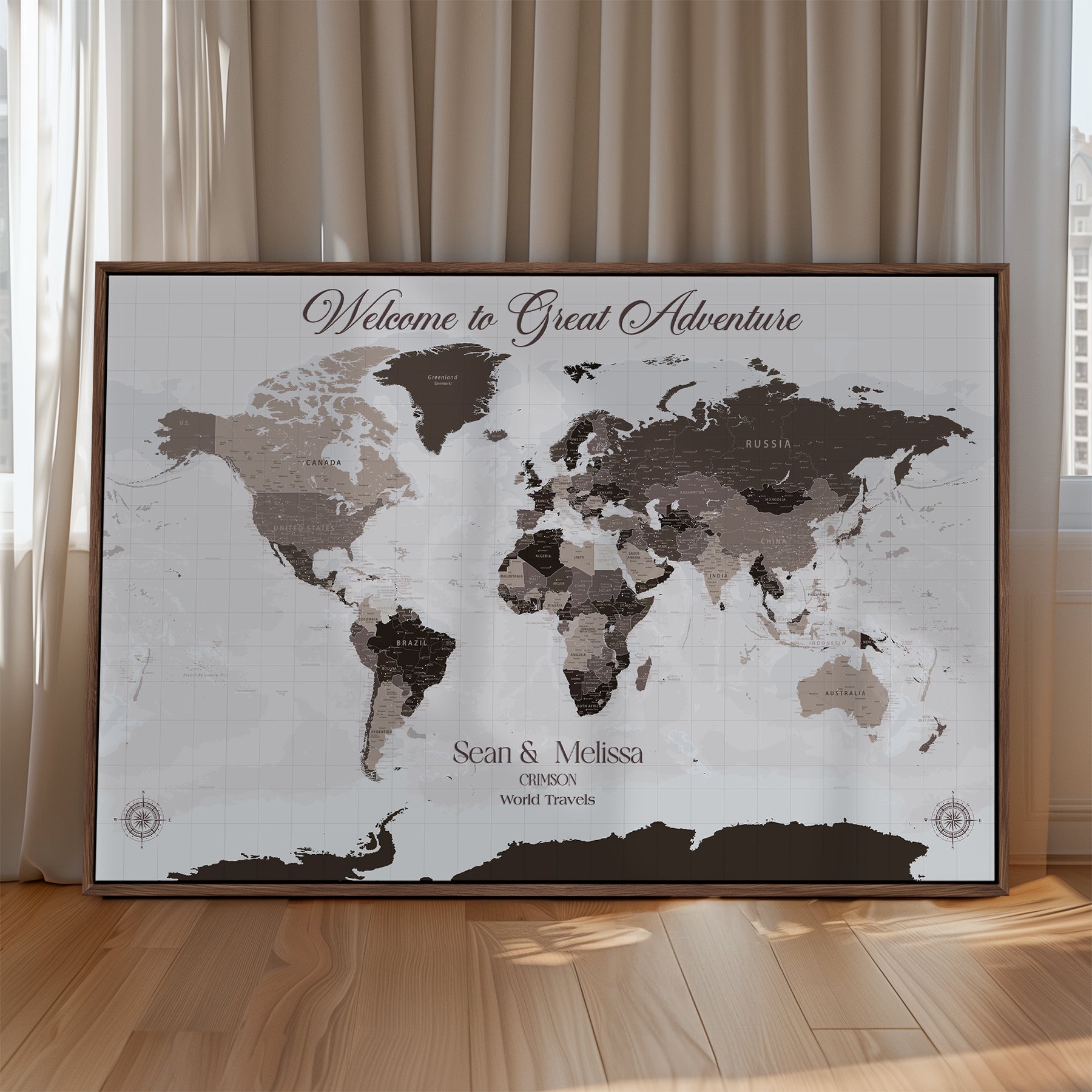 -Personalized Gray Brown World Map Canvas Custom Framed Push Pin Travel Tracker Modern Neutral Wall Art Gift Couples for Home, Office