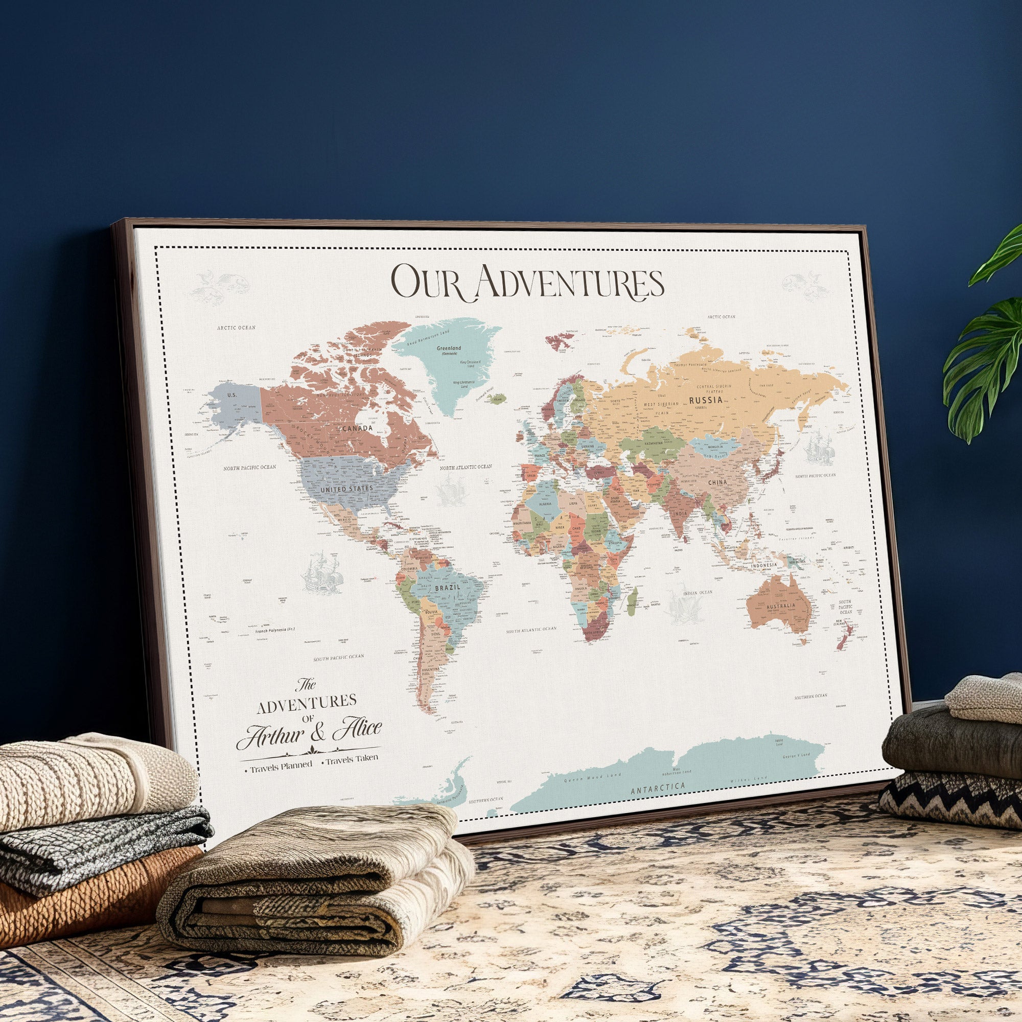 30191756-MGV-CV-36X24-Custom Push Pin World Map Wall Art Canvas Print – Personalized Travel Tracker with Pins Framed Large for Home and Office Decor