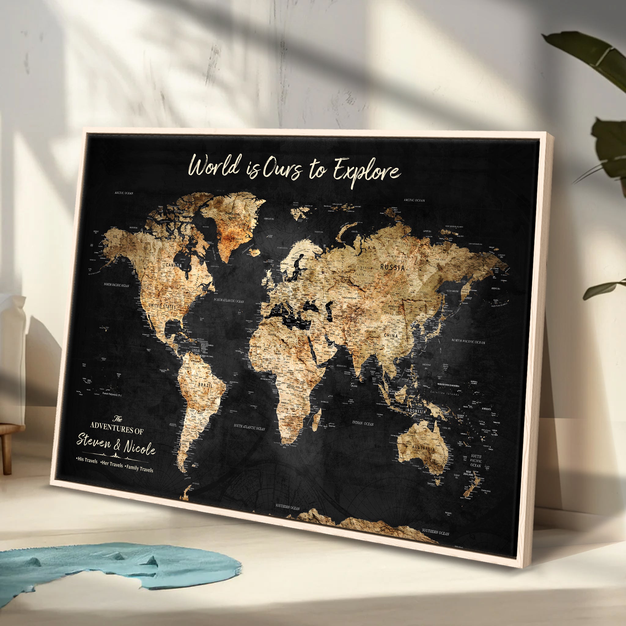 Rehber01-MGV-CV-36X24-Personalized Travel World Map Print | Customize Map with Push Pin Canvas on Foam Board | Grunge Maps Prints for Wall Decor