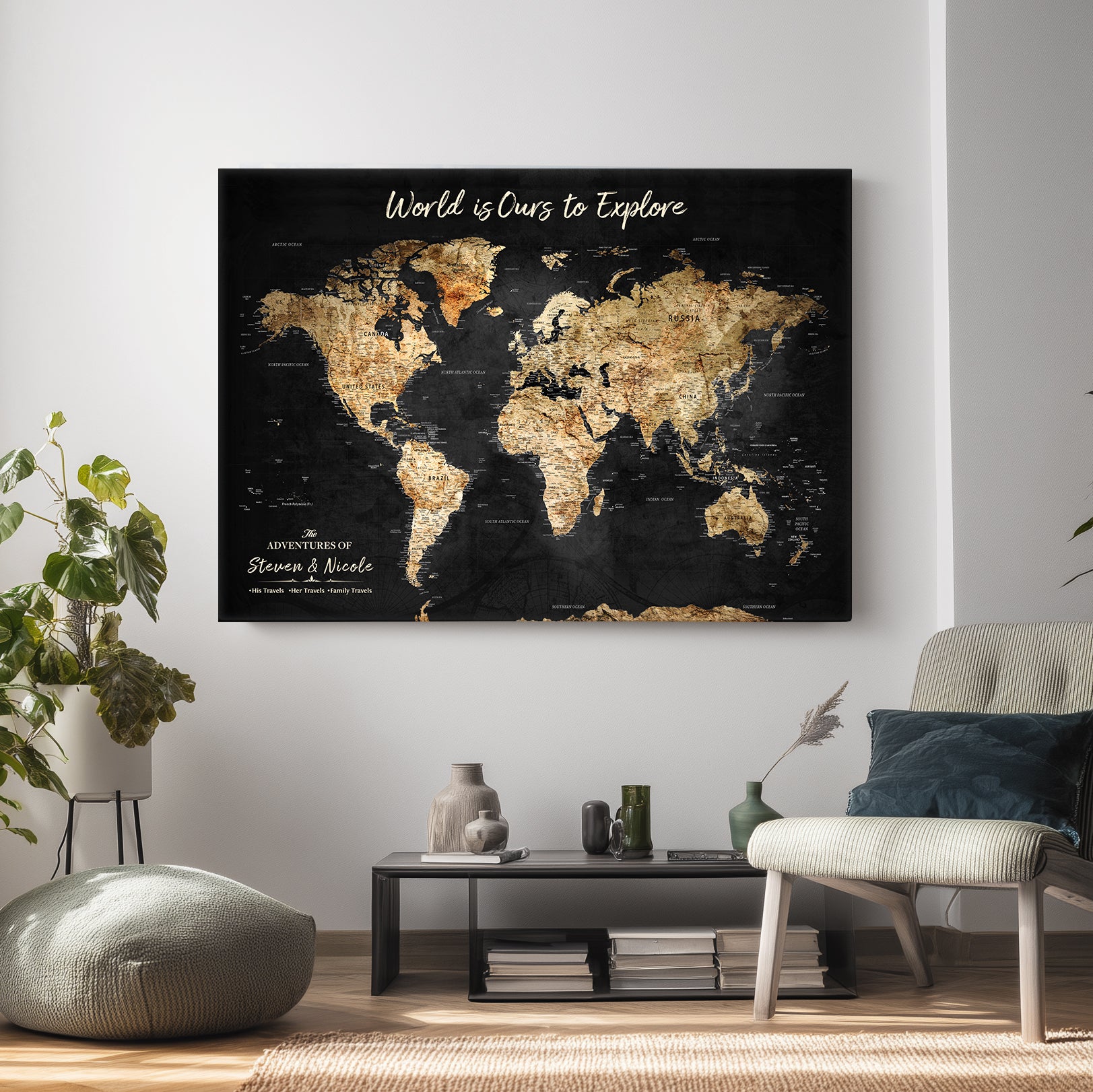 Rehber01-MGV-CV-36X24-Personalized Travel World Map Print | Customize Map with Push Pin Canvas on Foam Board | Grunge Maps Prints for Wall Decor