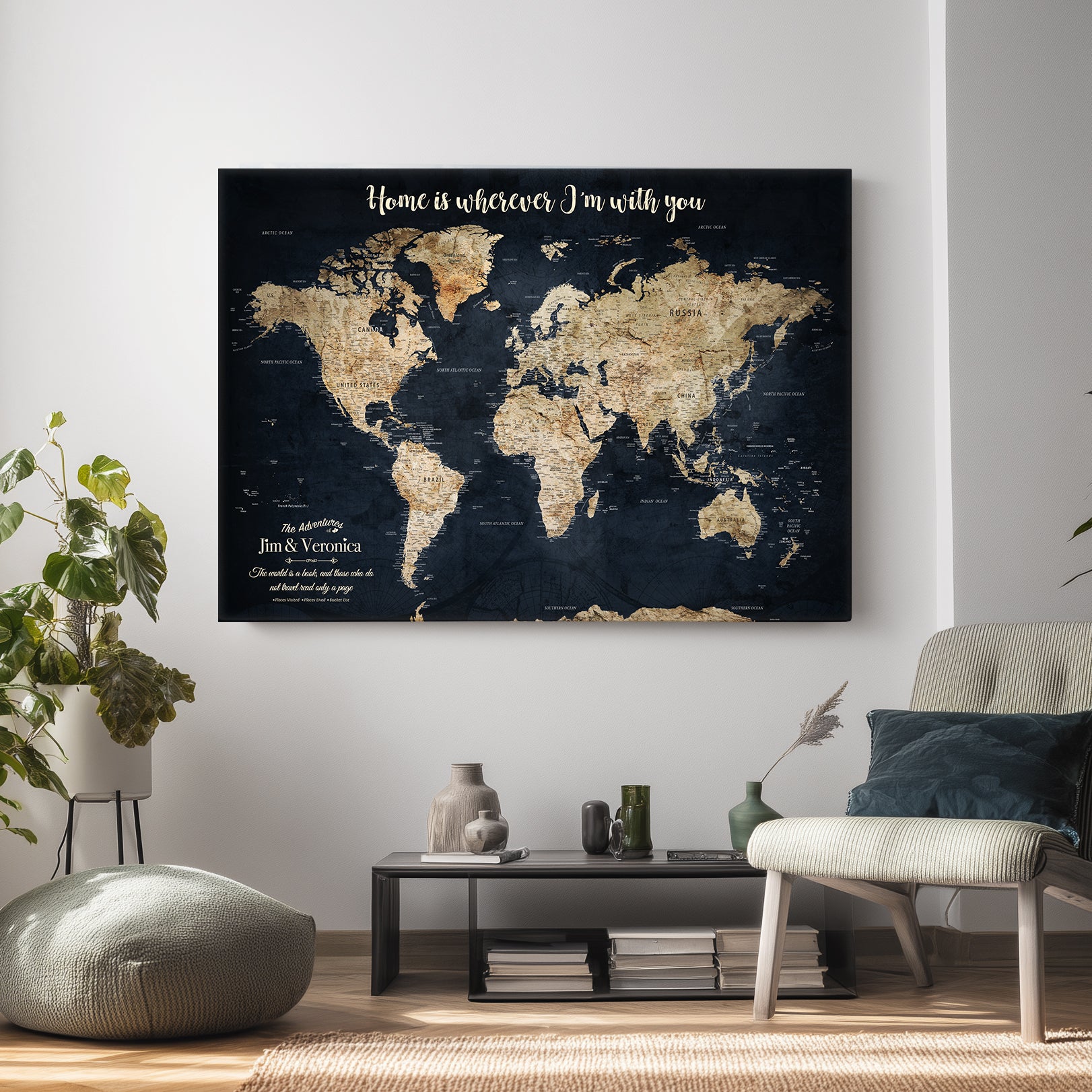 MAP502-MGV-CV-36X24-Personalized World Map Wall Art Canvas Print – Custom Push Pin Travel Map for Couples, Families, or Office Decor