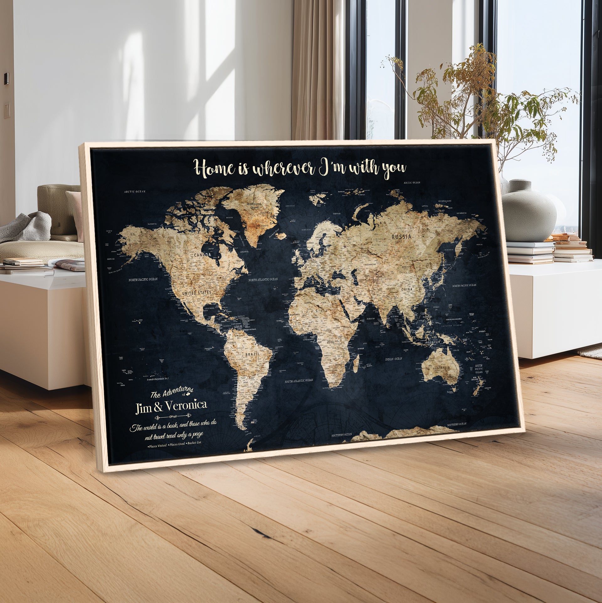 MAP502-MGV-CV-36X24-Personalized World Map Wall Art Canvas Print – Custom Push Pin Travel Map for Couples, Families, or Office Decor