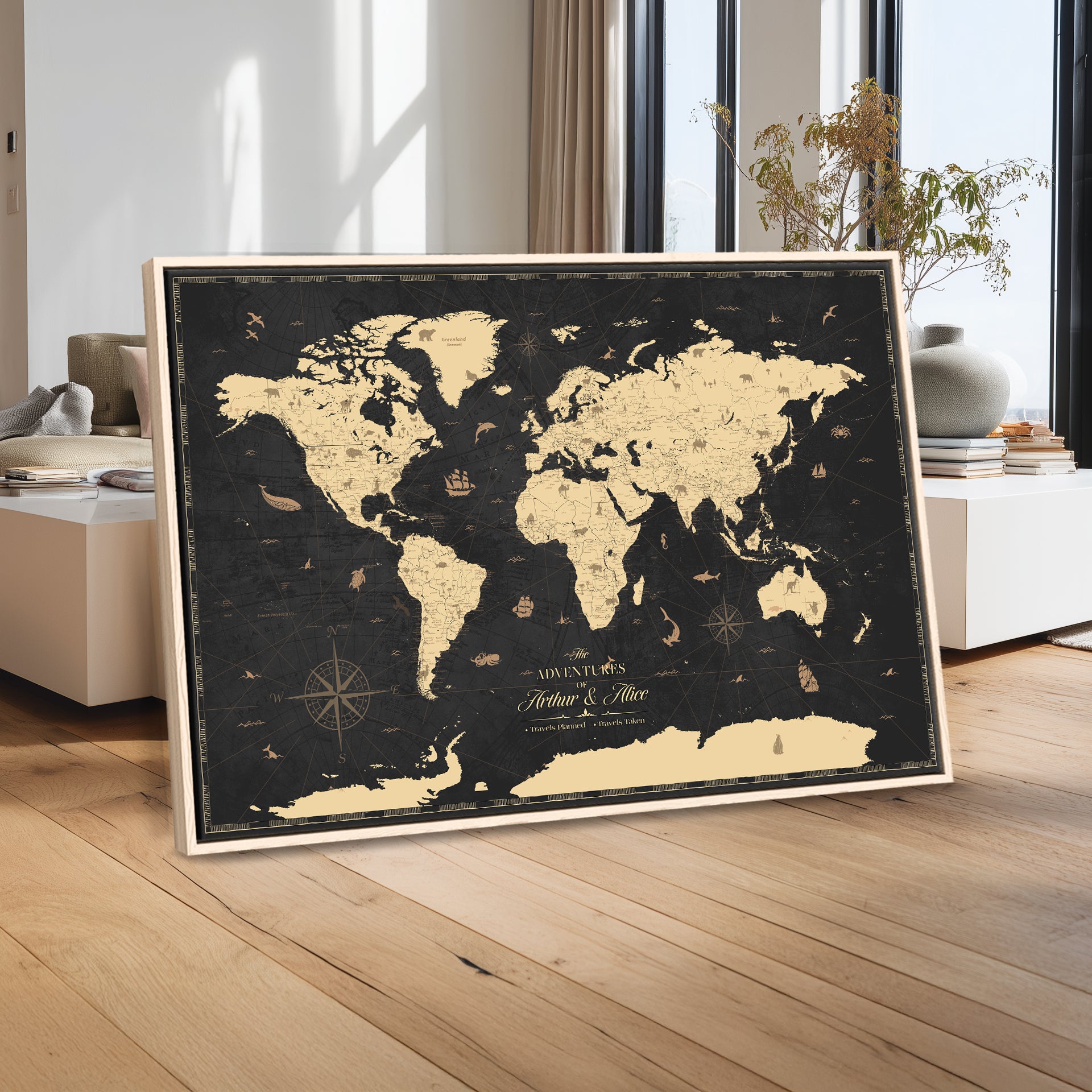 58609271-MGV-CV-36X24-Personalized World Map Wall Art Canvas Print – Custom Push Pin Travel Map for Couples, Families, or Office Decor