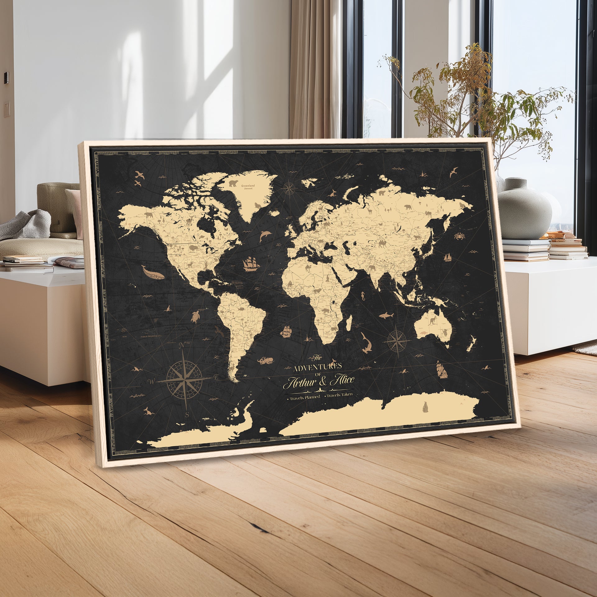 58609271-MGV-CV-36X24-Personalized World Map Wall Art Canvas Print – Custom Push Pin Travel Map for Couples, Families, or Office Decor