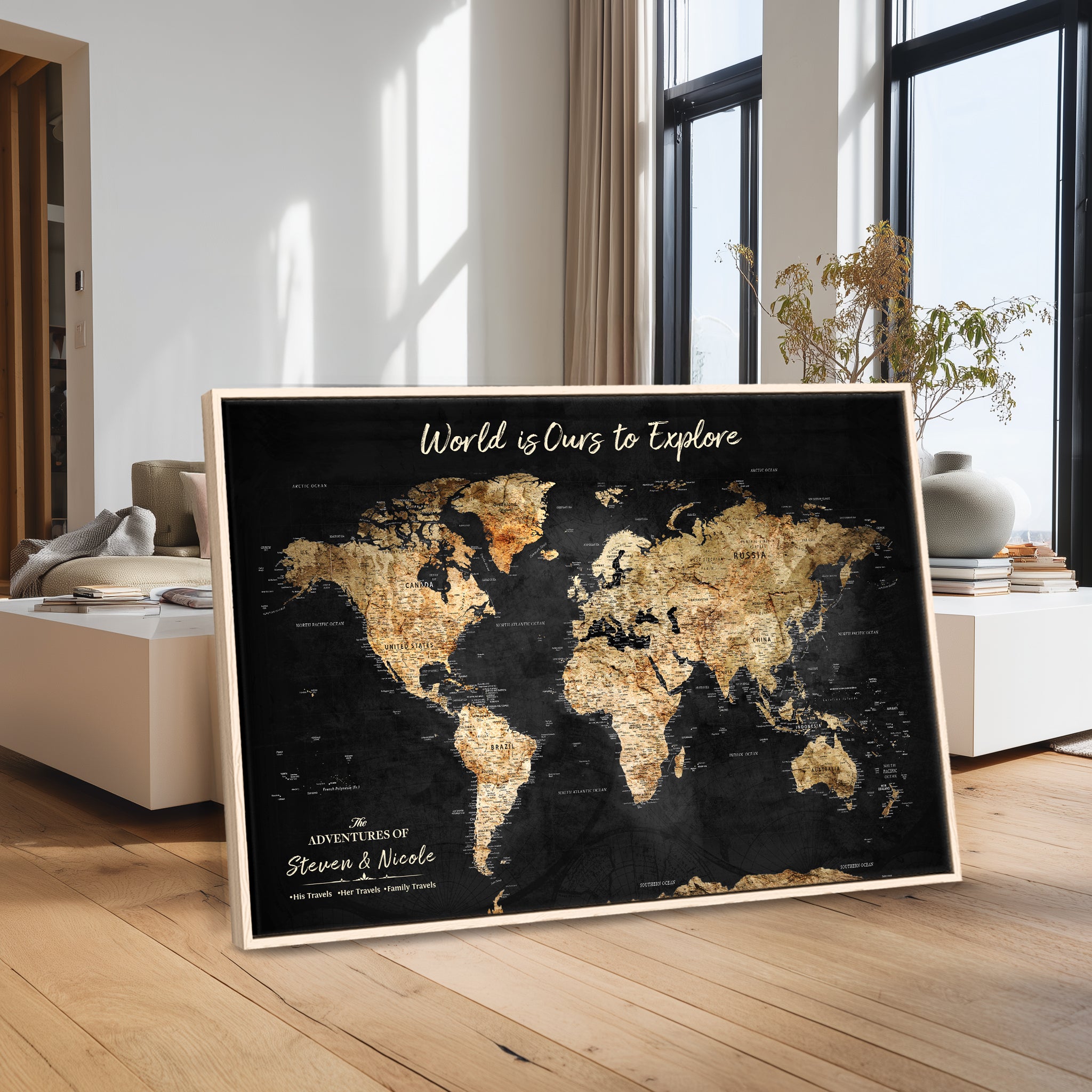 Rehber01-MGV-CV-36X24-Personalized Travel World Map Print | Customize Map with Push Pin Canvas on Foam Board | Grunge Maps Prints for Wall Decor