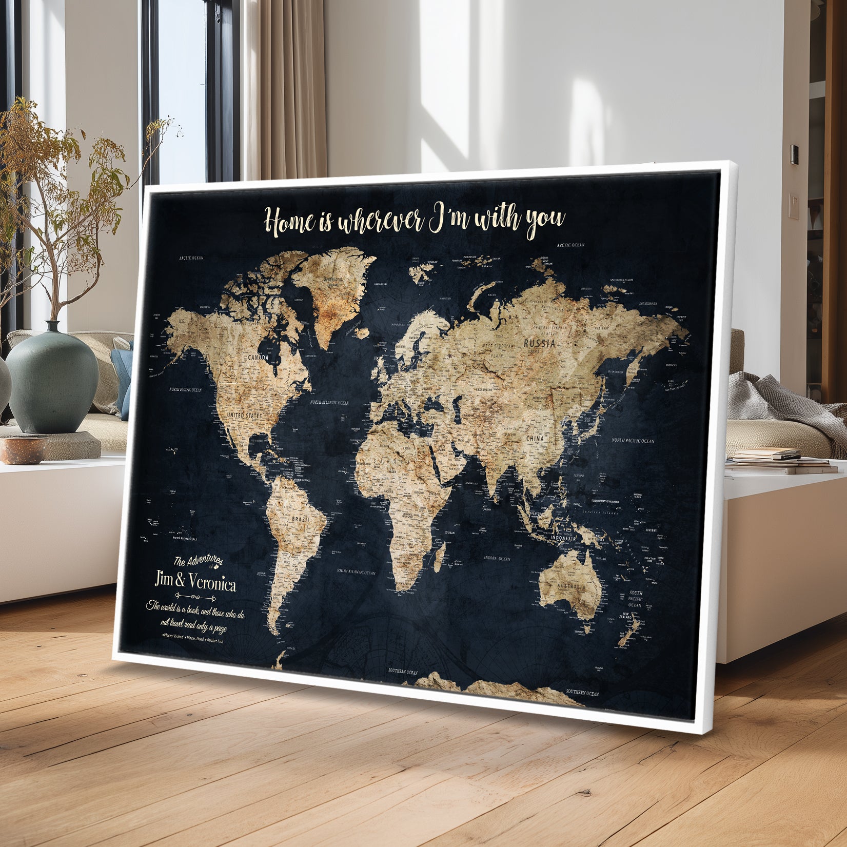 MAP502-MGV-CV-36X24-Personalized World Map Wall Art Canvas Print – Custom Push Pin Travel Map for Couples, Families, or Office Decor