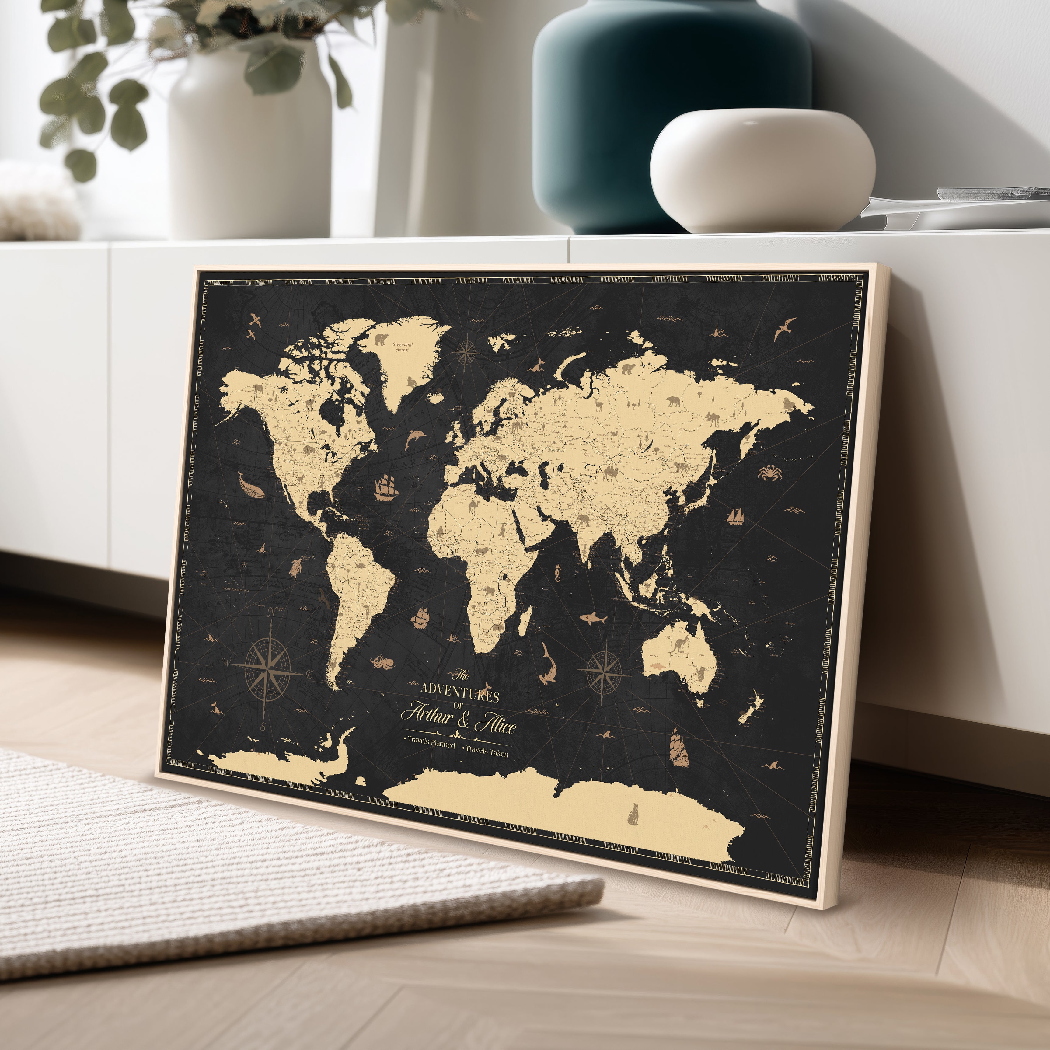 58609271-MGV-CV-36X24-Personalized World Map Wall Art Canvas Print – Custom Push Pin Travel Map for Couples, Families, or Office Decor