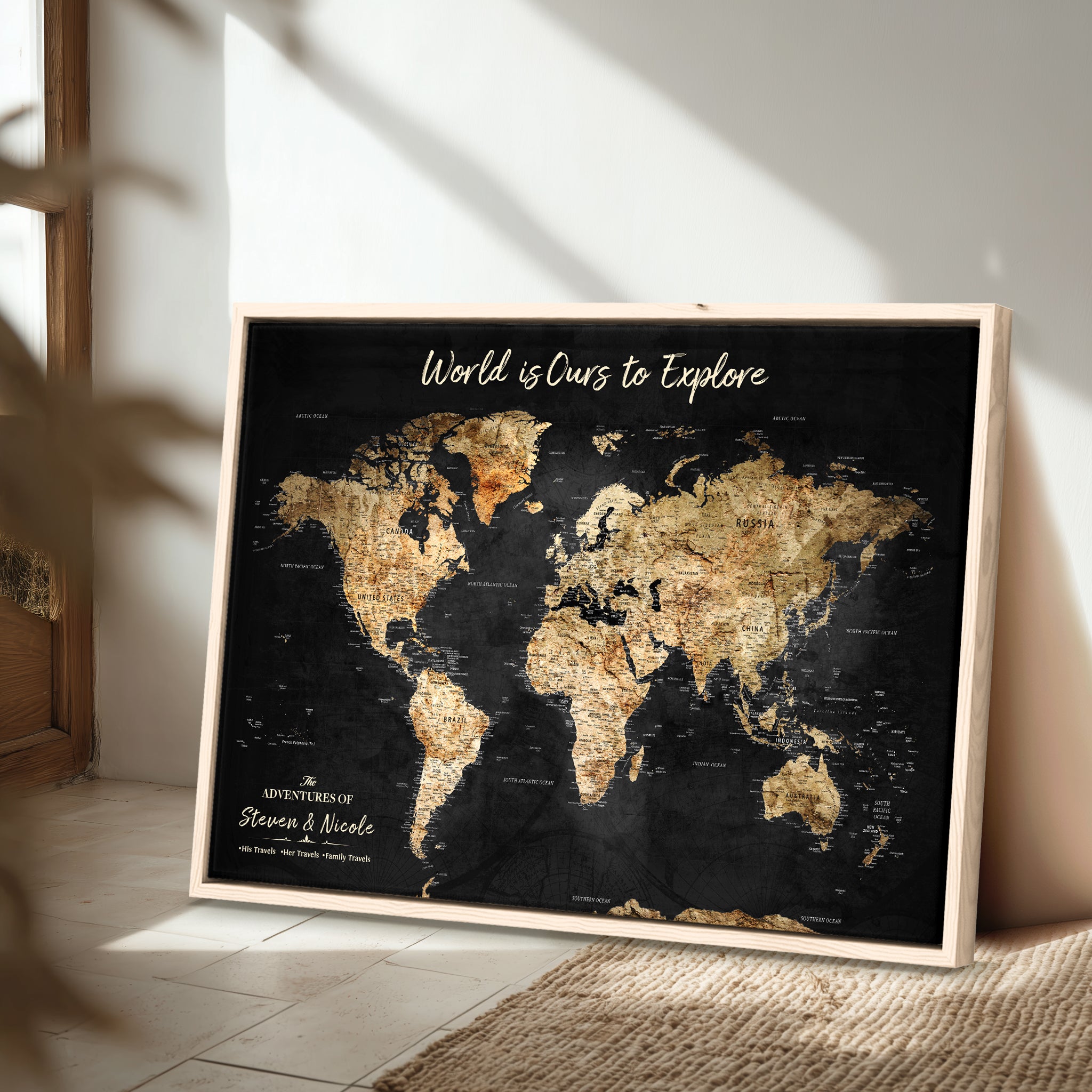 Rehber01-MGV-CV-36X24-Personalized Travel World Map Print | Customize Map with Push Pin Canvas on Foam Board | Grunge Maps Prints for Wall Decor