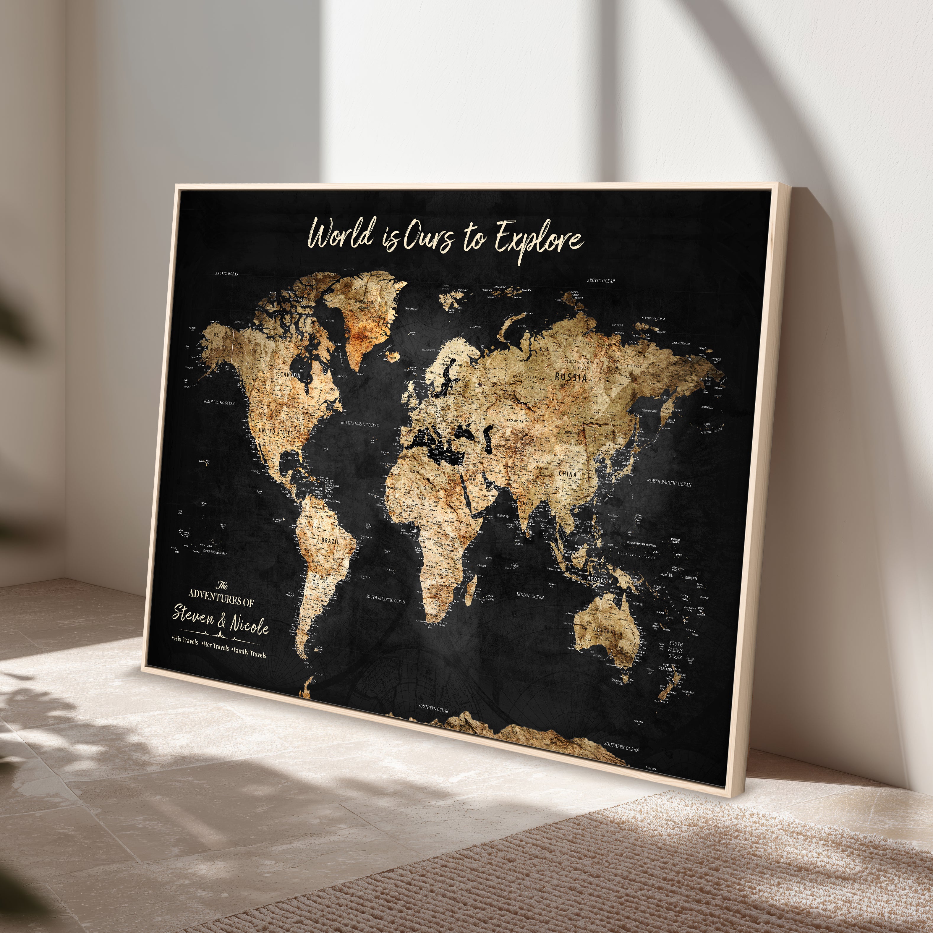 Rehber01-MGV-CV-36X24-Personalized Travel World Map Print | Customize Map with Push Pin Canvas on Foam Board | Grunge Maps Prints for Wall Decor