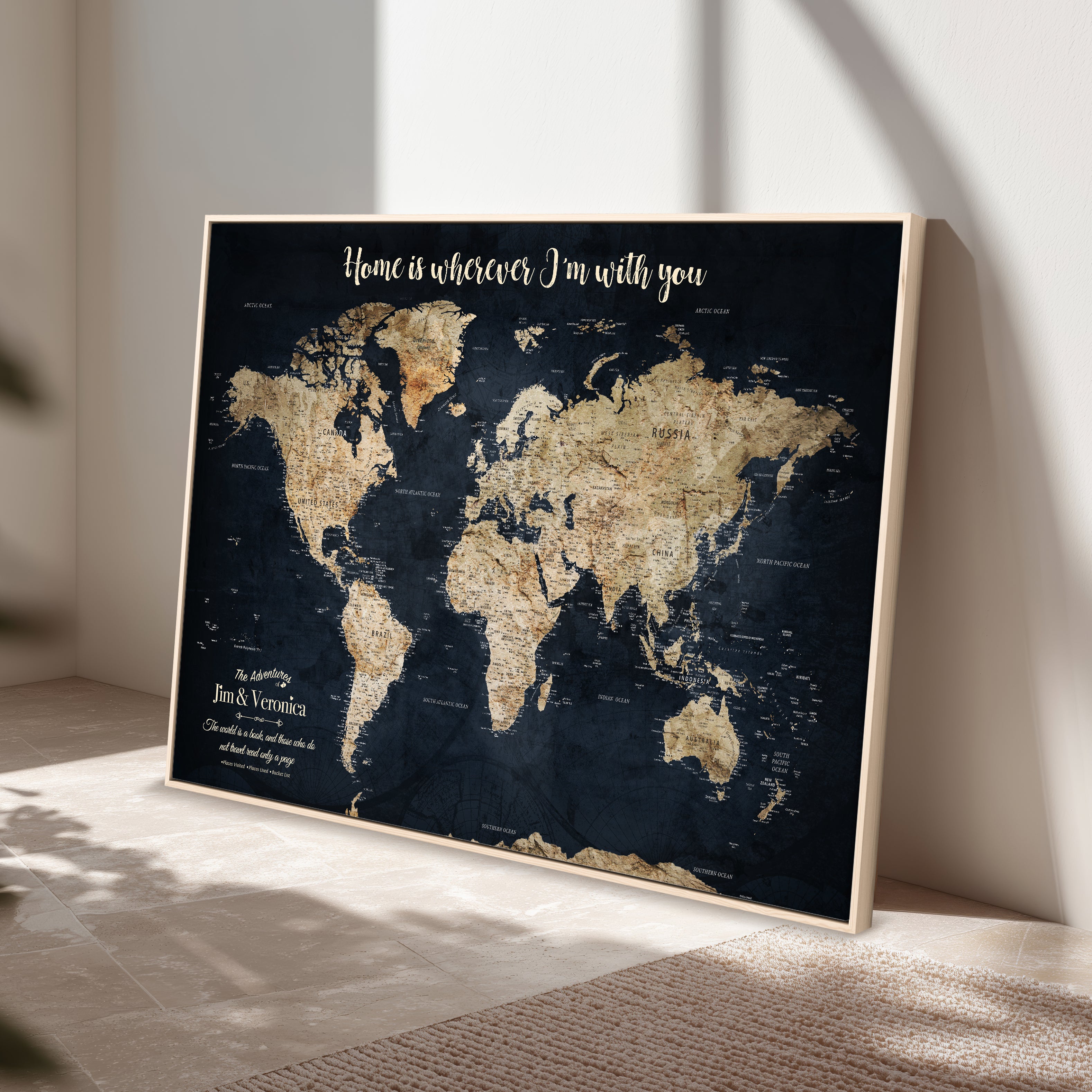 MAP502-MGV-CV-36X24-Personalized World Map Wall Art Canvas Print – Custom Push Pin Travel Map for Couples, Families, or Office Decor