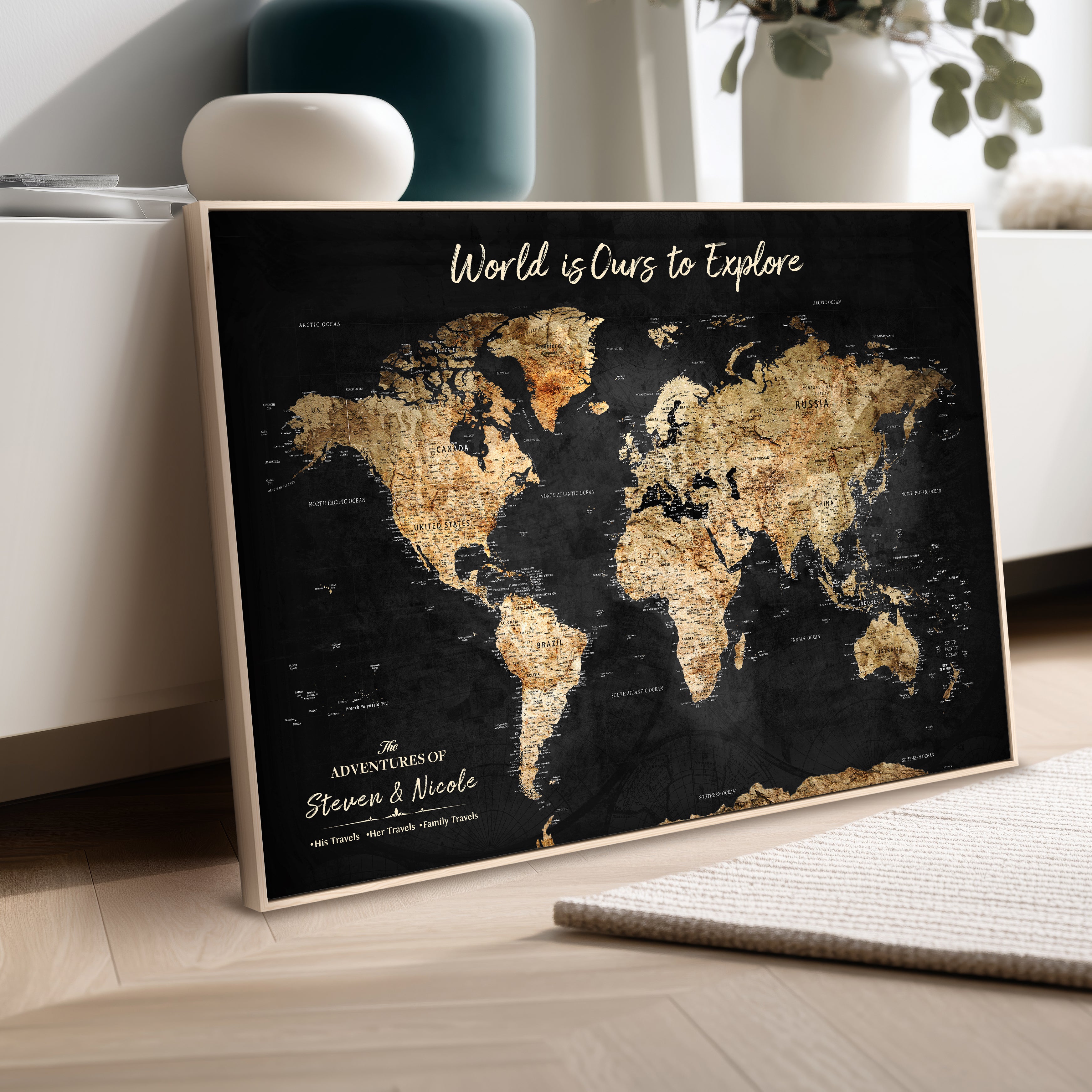 Rehber01-MGV-CV-36X24-Personalized Travel World Map Print | Customize Map with Push Pin Canvas on Foam Board | Grunge Maps Prints for Wall Decor