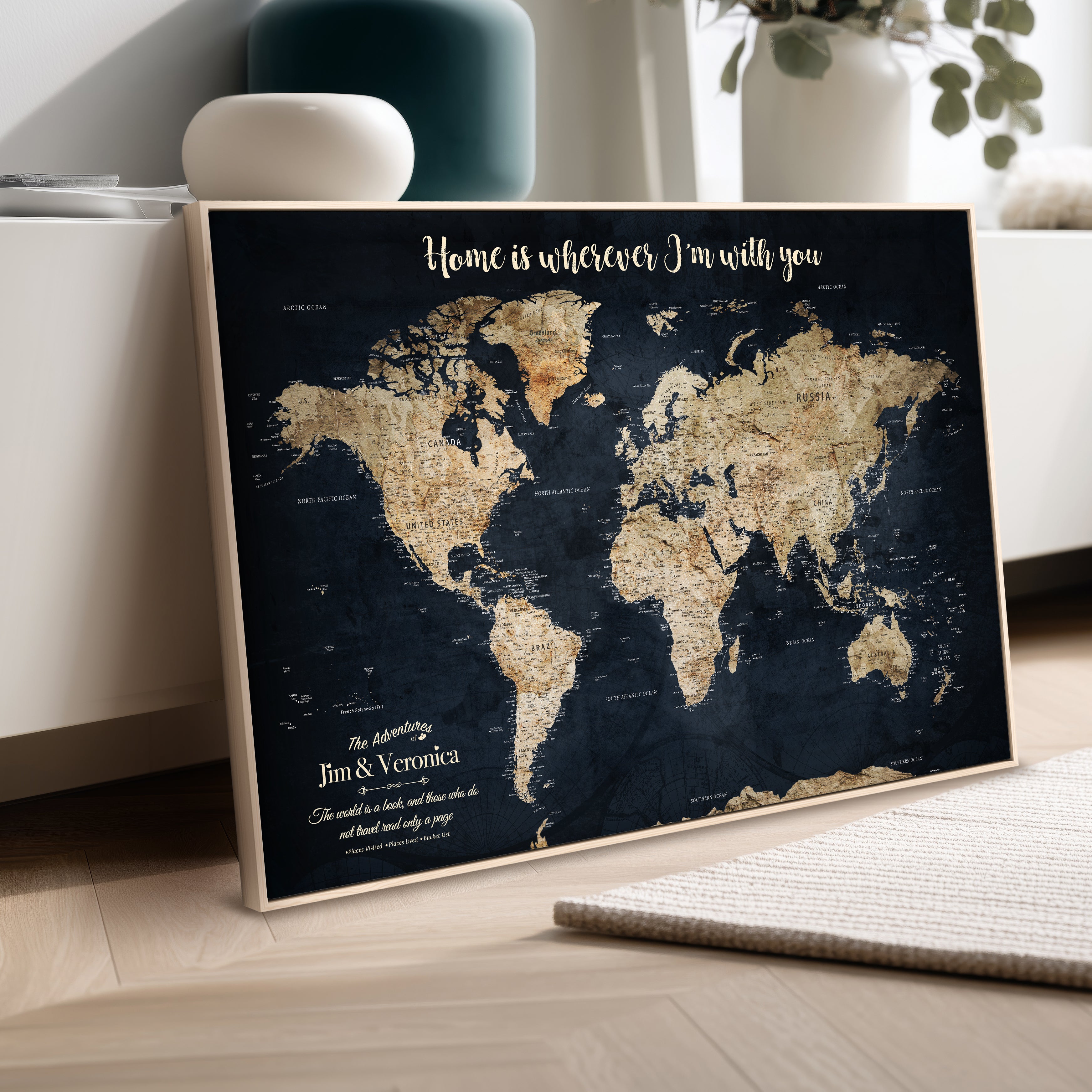 MAP502-MGV-CV-36X24-Personalized World Map Wall Art Canvas Print – Custom Push Pin Travel Map for Couples, Families, or Office Decor