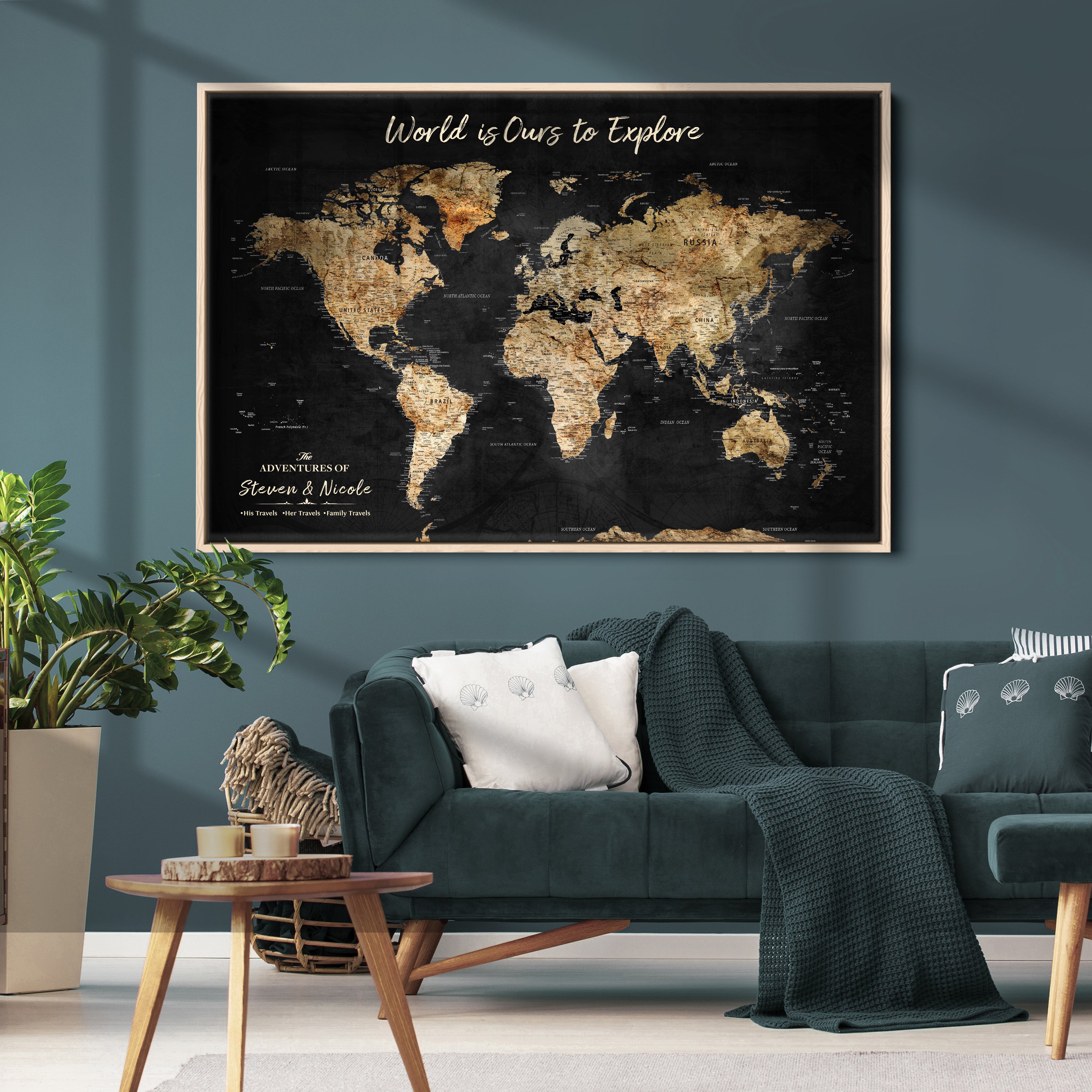 Rehber01-MGV-CV-36X24-Personalized Travel World Map Print | Customize Map with Push Pin Canvas on Foam Board | Grunge Maps Prints for Wall Decor