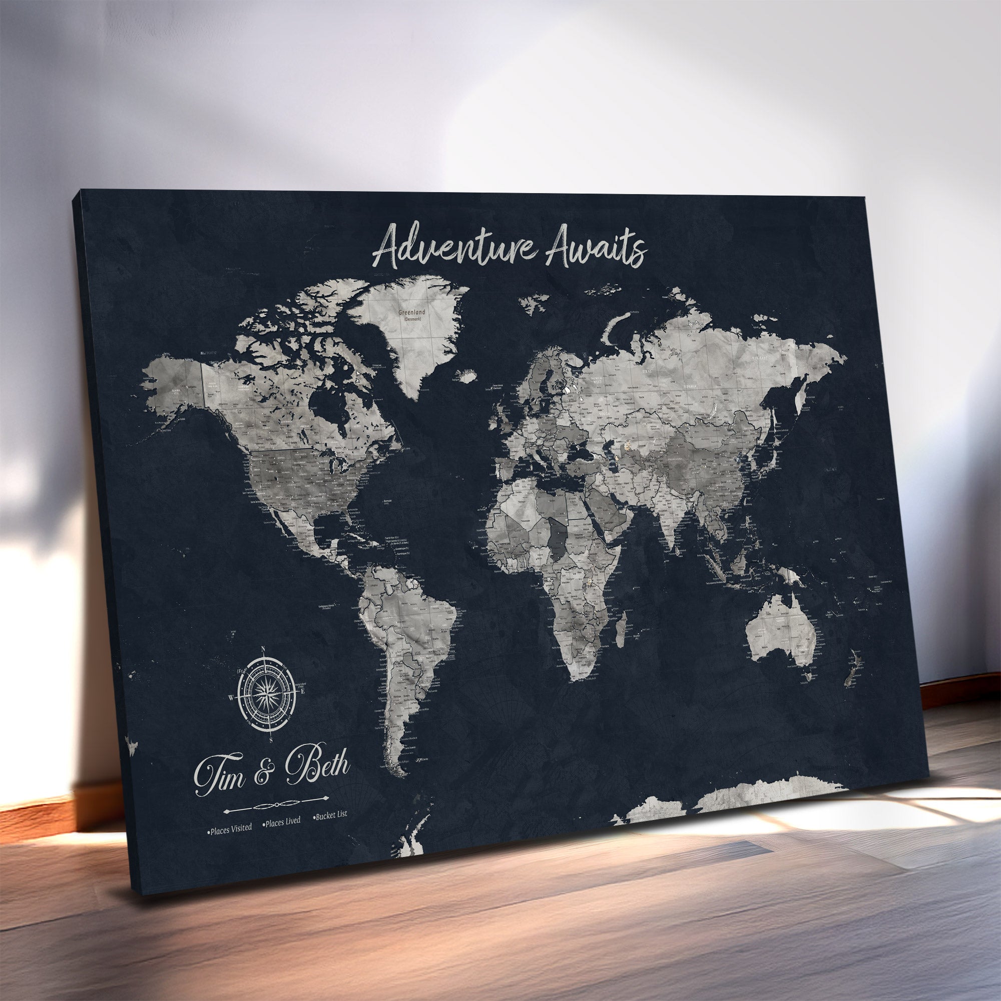 32031089-MGV-CV-36X24-Personalized World Map Canvas – Custom Framed Push Pin Travel Map Wall Art, Vintage Style Gift for Couples and Travelers
