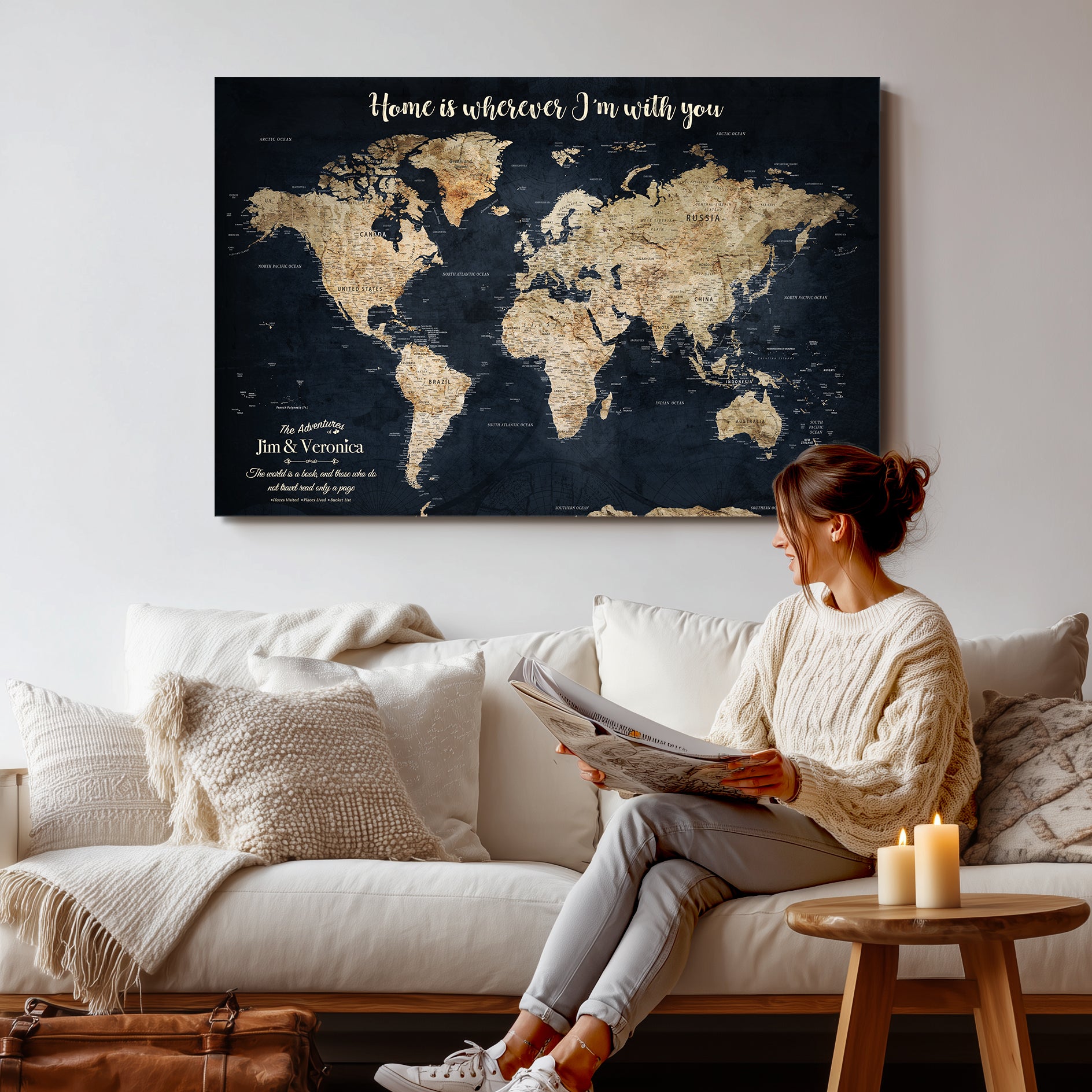 MAP502-MGV-CV-36X24-Personalized World Map Wall Art Canvas Print – Custom Push Pin Travel Map for Couples, Families, or Office Decor