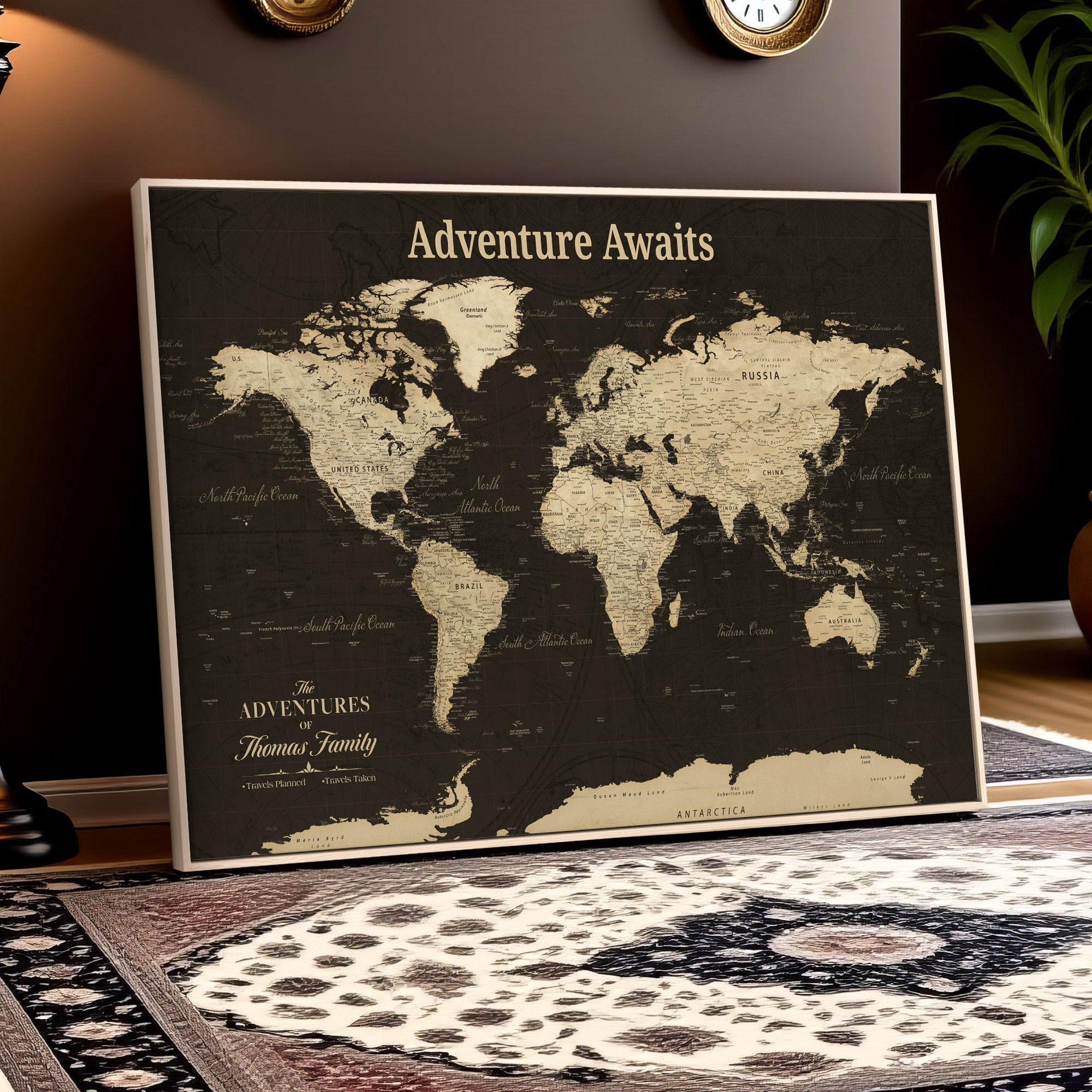 47597338-MGV-CV-36X24-Custom Push Pin World Map Wall Art Canvas Print – Personalized Travel Tracker Map Framed Artwork for Home Office