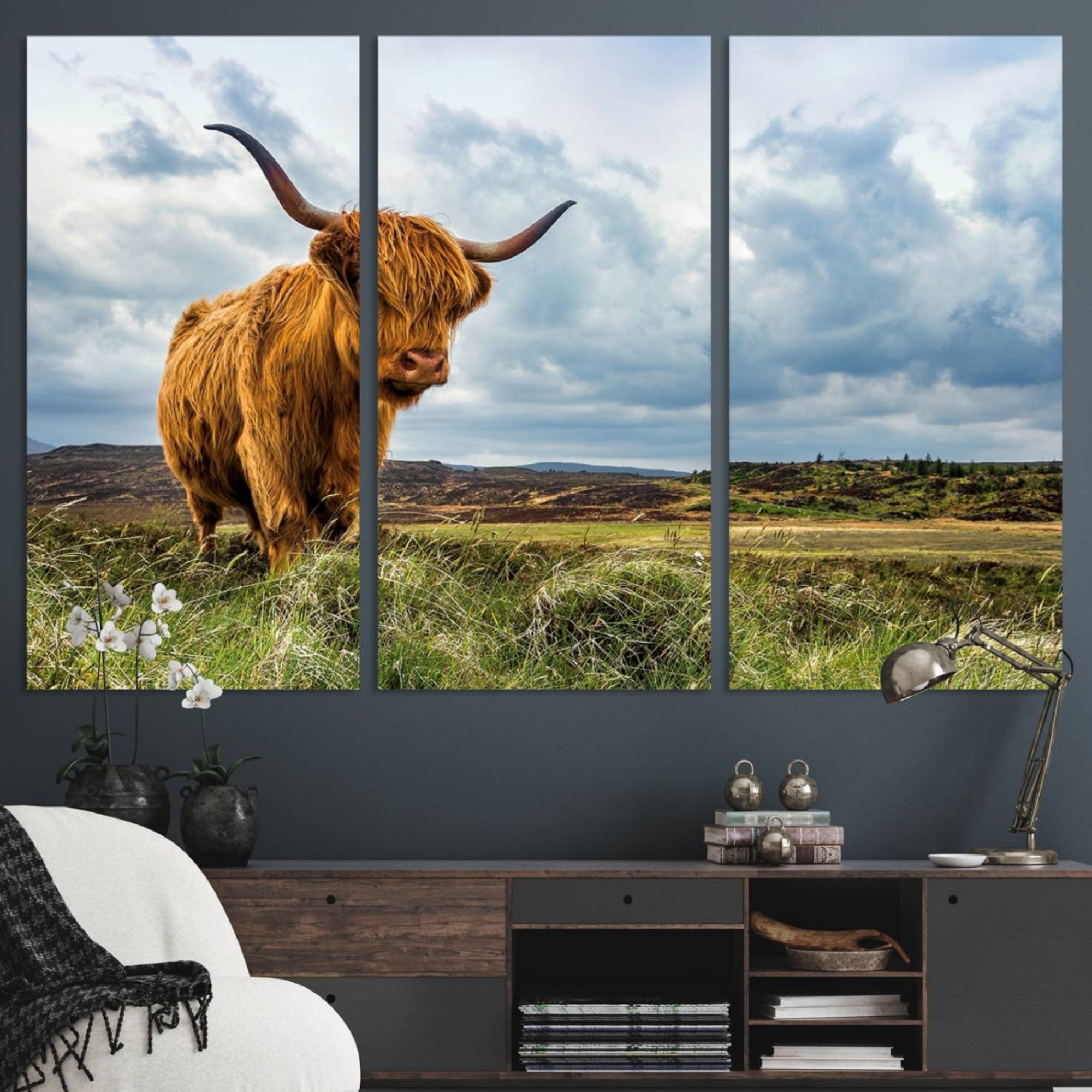 74693-MGV-CV-48X32-3P-Highland Cattle Wall Art Cow Canvas Print Animal Art