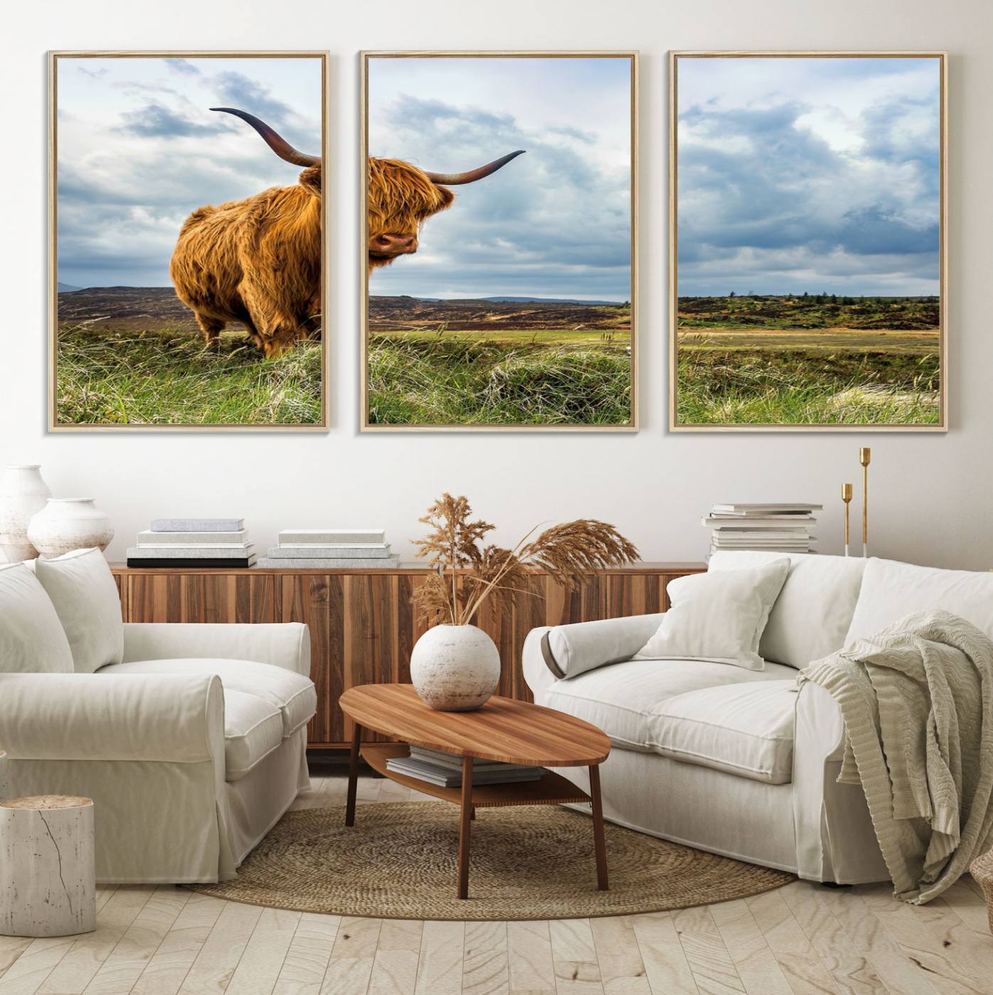74693-MGV-FC-60X30-3P_Natural-Highland Cattle Wall Art Cow Canvas Print Animal Art