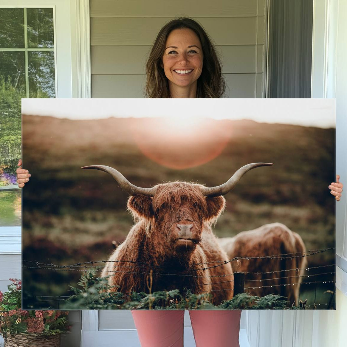 -Highland Cow Animal Canvas Wall Art Texas Cattle Art Print Farmhouse Wall Art Canvas Print