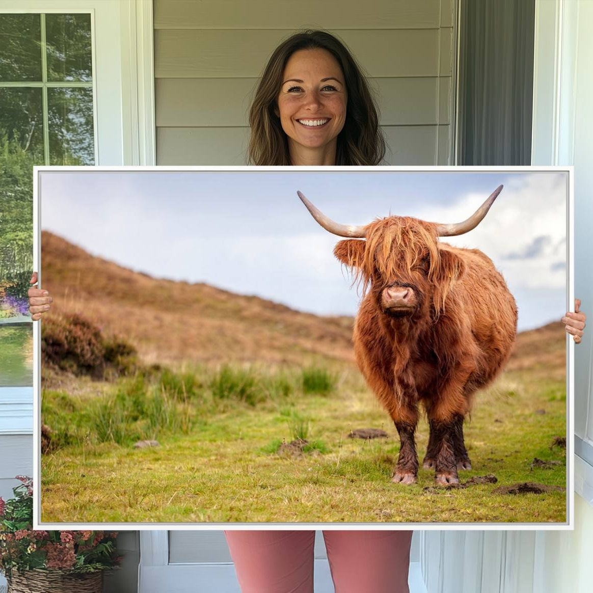 63076-MGV-FC-36X24_White-Highland Cow Animal Canvas Wall Art Texas Cattle Art Print Farmhouse Wall Art Canvas Print