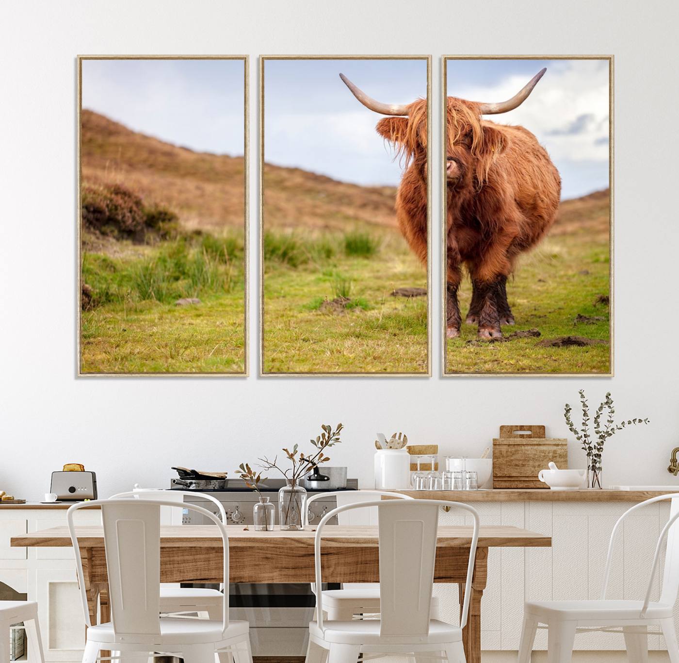 63076-MGV-FC-48X32-3P_Natural-Highland Cow Animal Canvas Wall Art Texas Cattle Art Print Farmhouse Wall Art Canvas Print