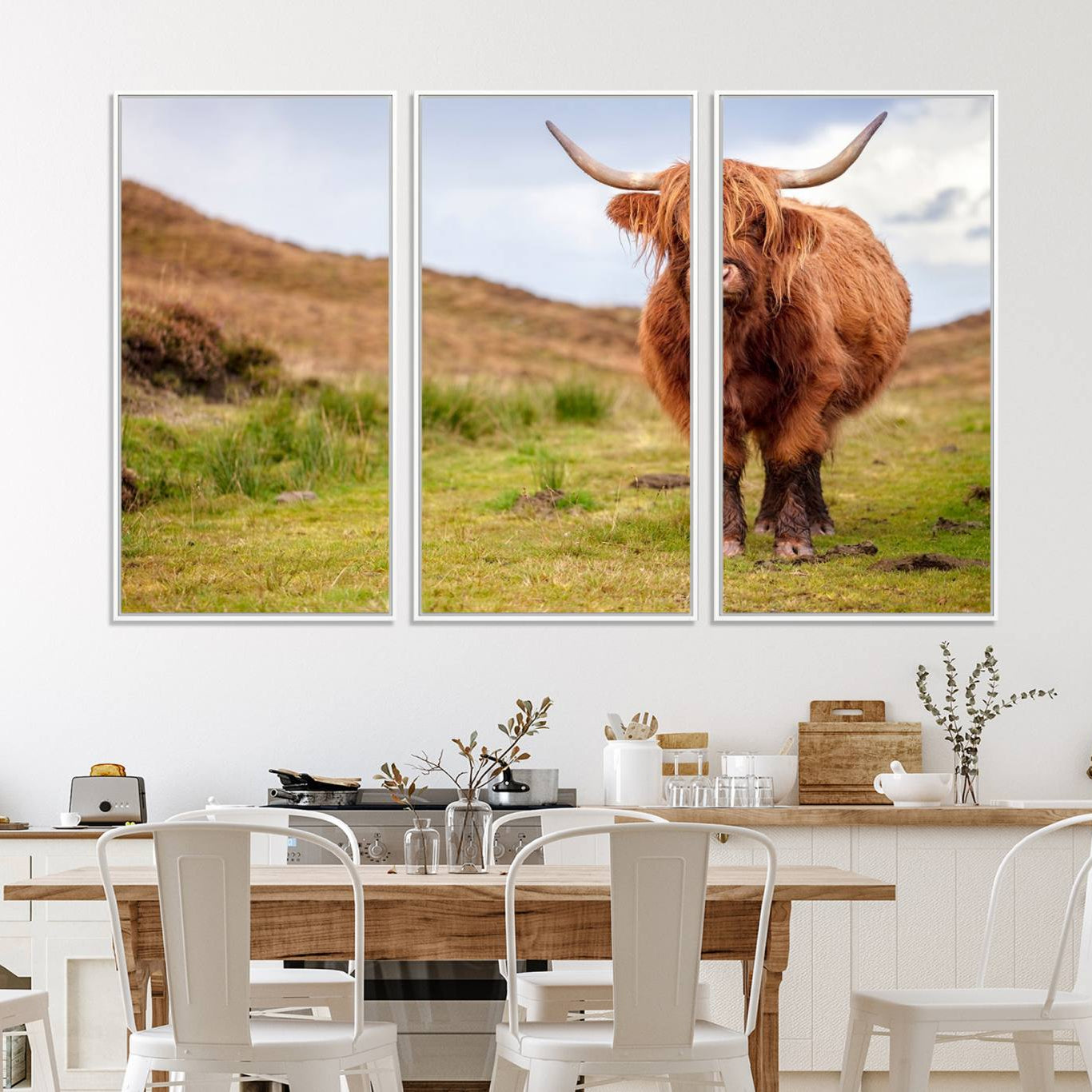63076-MGV-FC-48X32-3P_White-Highland Cow Animal Canvas Wall Art Texas Cattle Art Print Farmhouse Wall Art Canvas Print