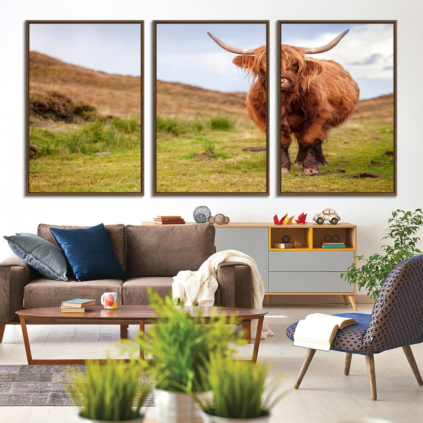 63076-MGV-FC-60X30-3P_Walnut-Highland Cow Animal Canvas Wall Art Texas Cattle Art Print Farmhouse Wall Art Canvas Print