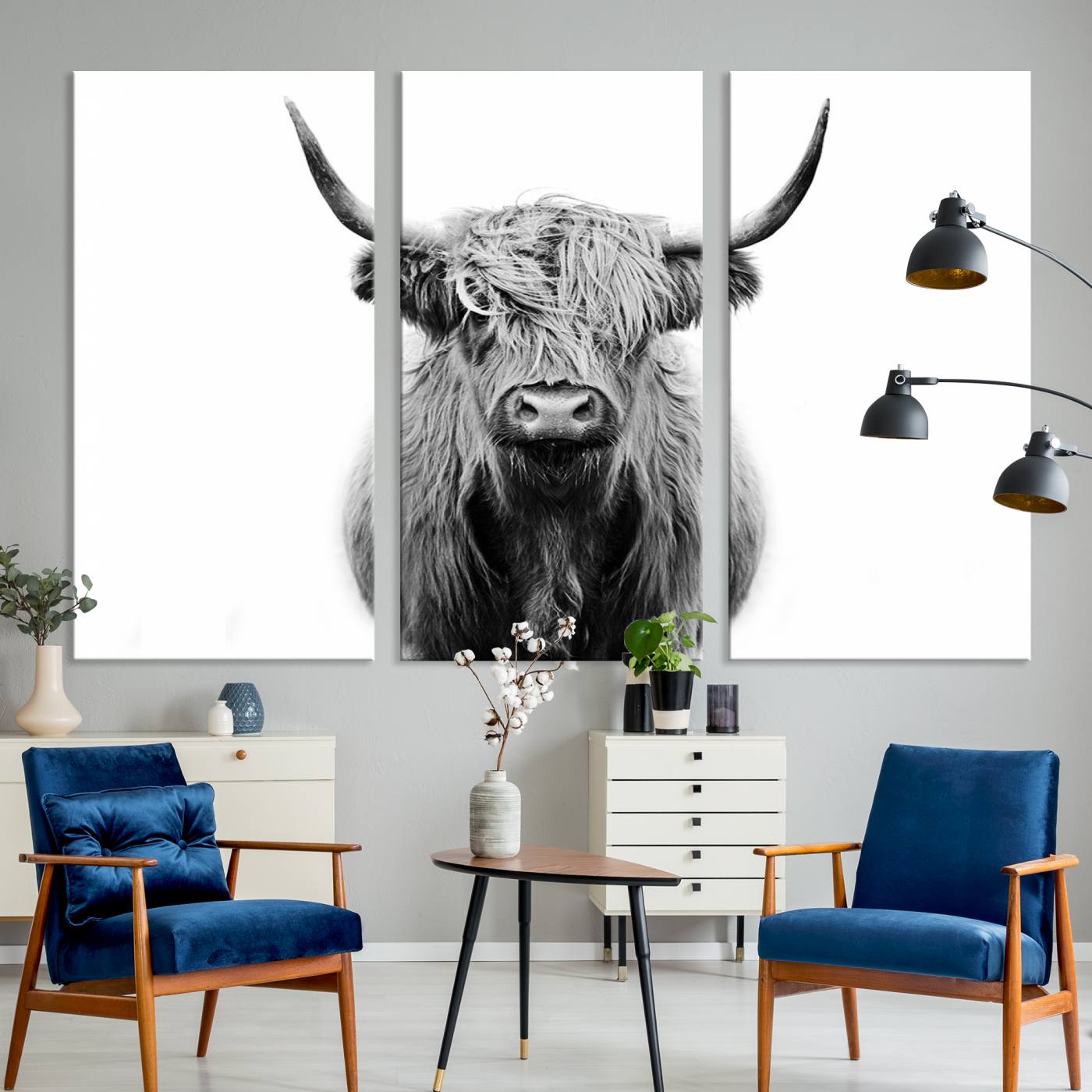 -Highland Cow Canvas Print Wall Art, Farmhouse Decor Cow Black White Print Rustic Wall Decor, Animals