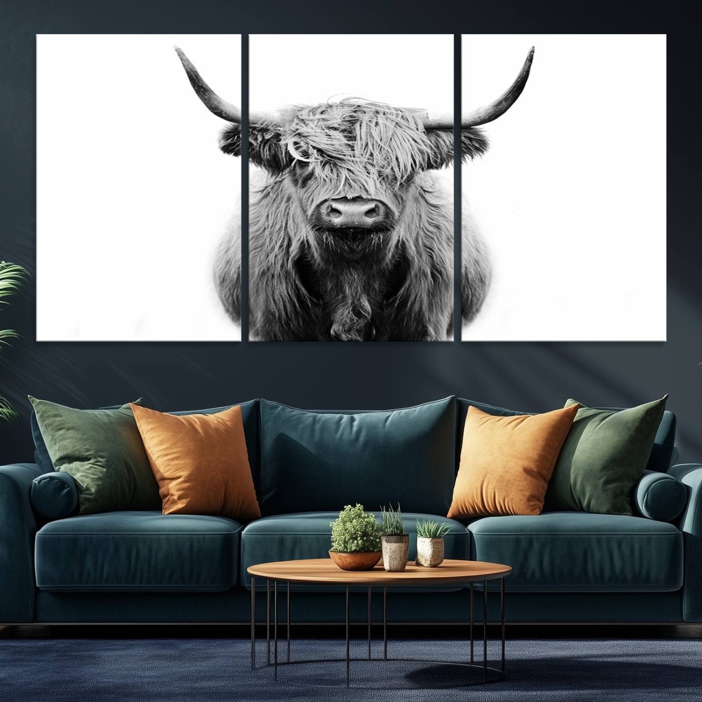 -Highland Cow Canvas Print Wall Art, Farmhouse Decor Cow Black White Print Rustic Wall Decor, Animals