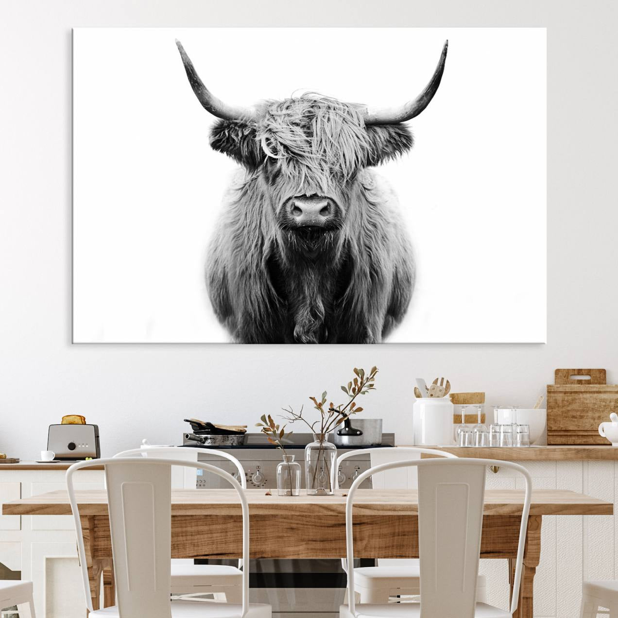 81315-MGV-CV-36X24-Highland Cow Canvas Print Wall Art, Farmhouse Decor Cow Black White Print Rustic Wall Decor, Animals