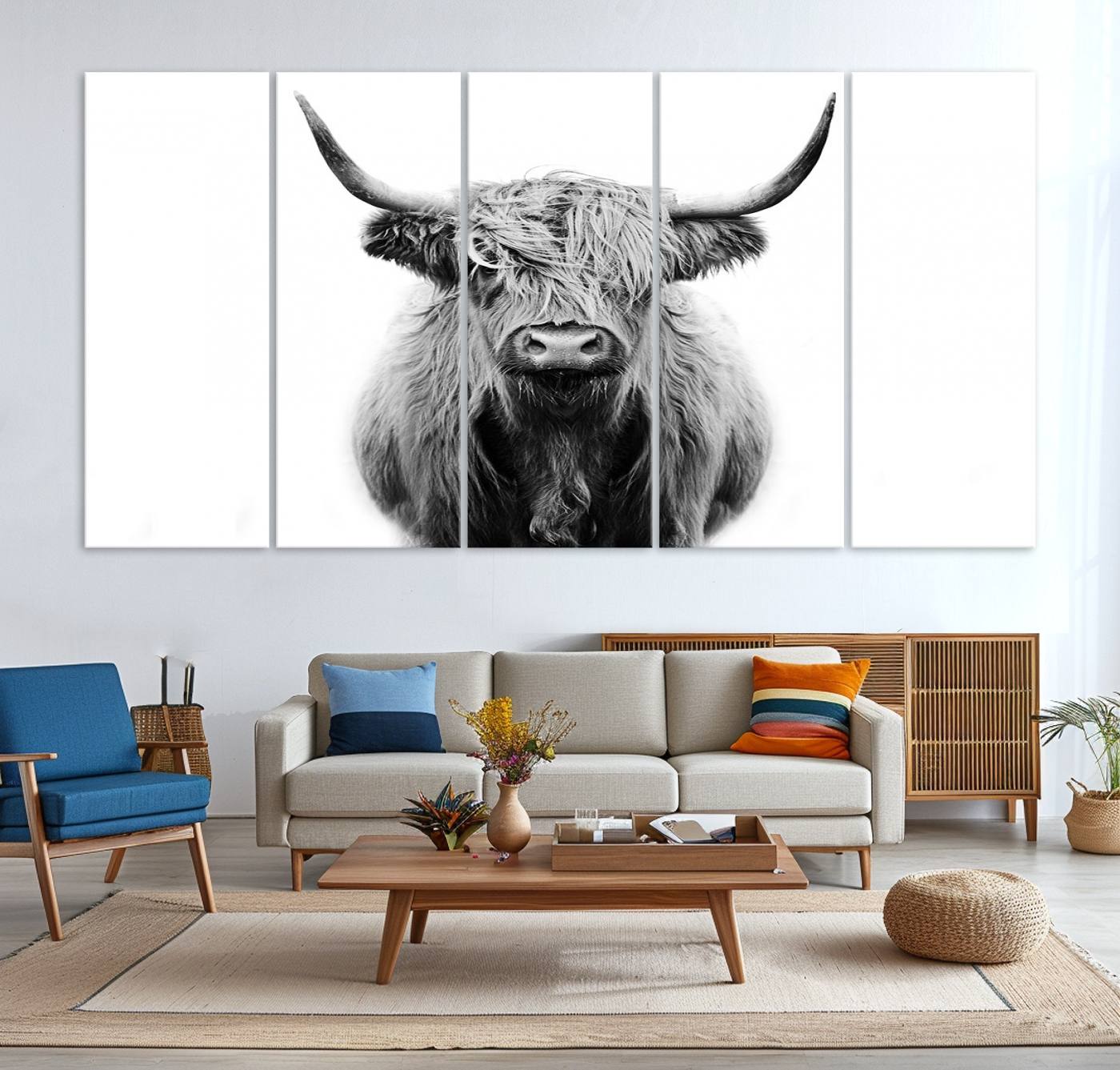 -Highland Cow Canvas Print Wall Art, Farmhouse Decor Cow Black White Print Rustic Wall Decor, Animals