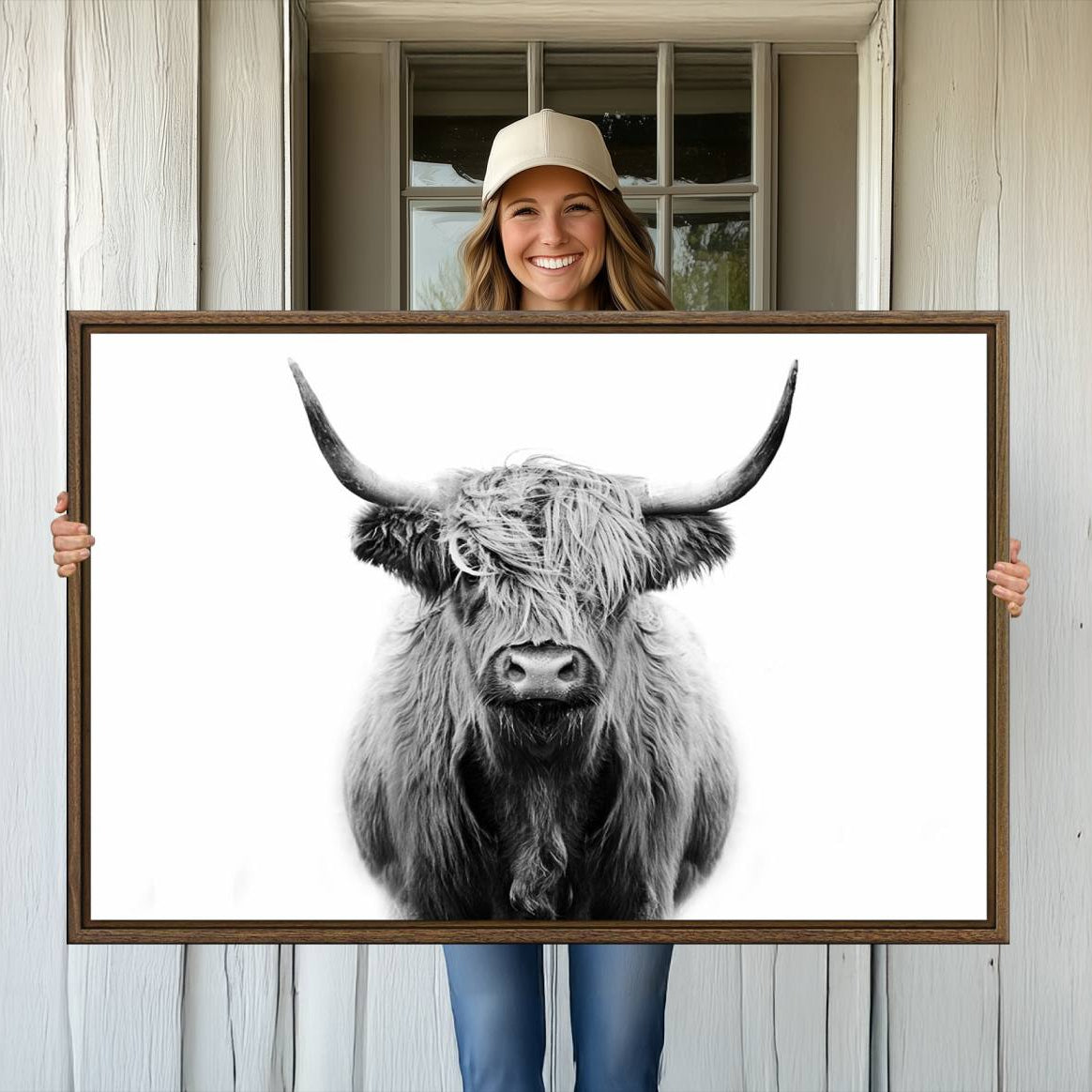 -Highland Cow Canvas Print Wall Art, Farmhouse Decor Cow Black White Print Rustic Wall Decor, Animals