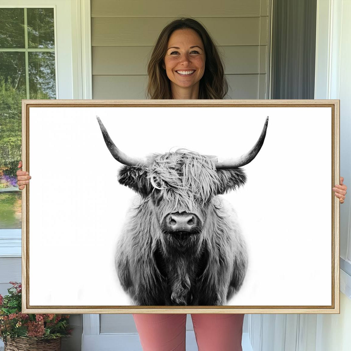 -Highland Cow Canvas Print Wall Art, Farmhouse Decor Cow Black White Print Rustic Wall Decor, Animals
