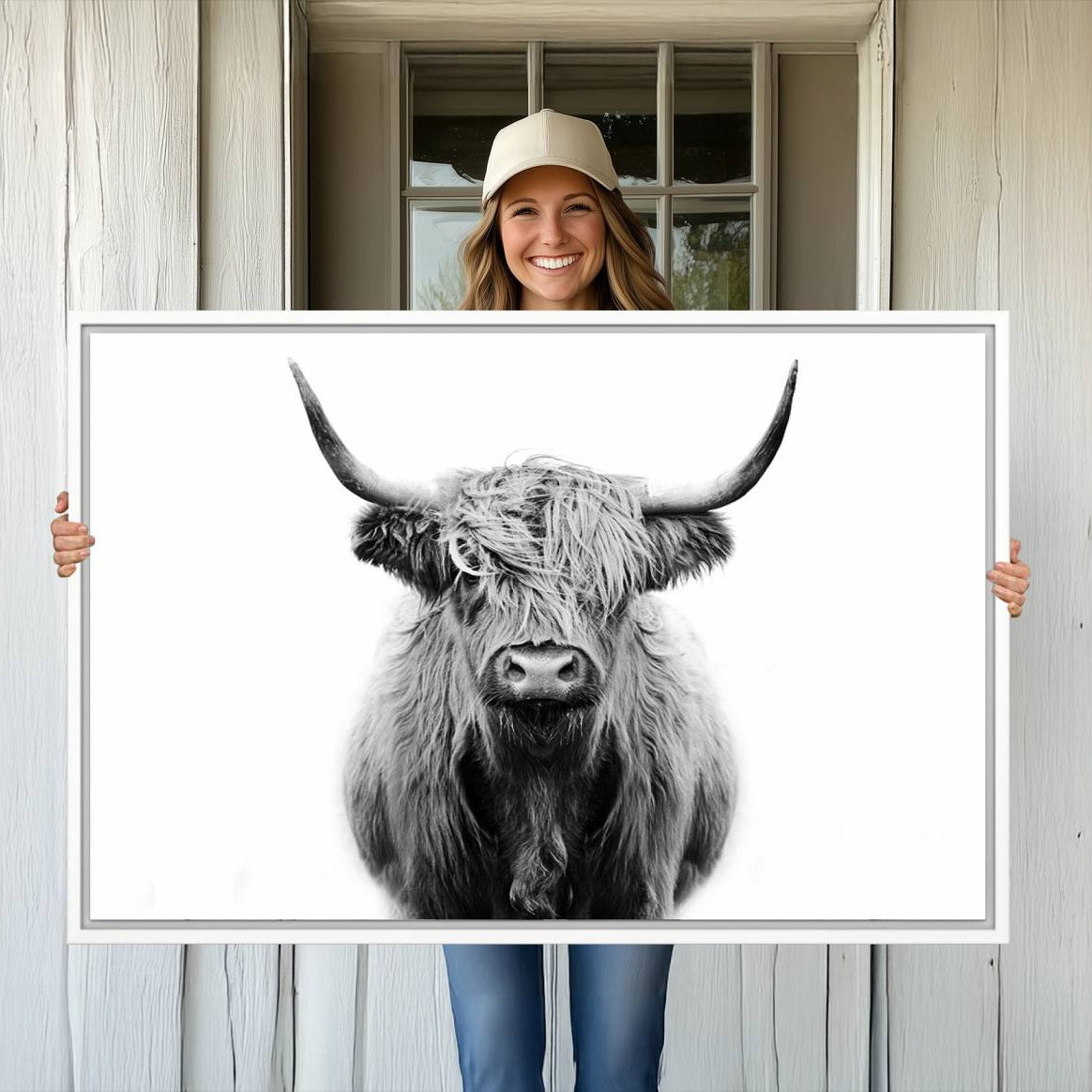 -Highland Cow Canvas Print Wall Art, Farmhouse Decor Cow Black White Print Rustic Wall Decor, Animals