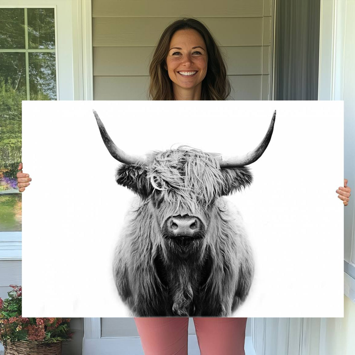 -Highland Cow Canvas Print Wall Art, Farmhouse Decor Cow Black White Print Rustic Wall Decor, Animals