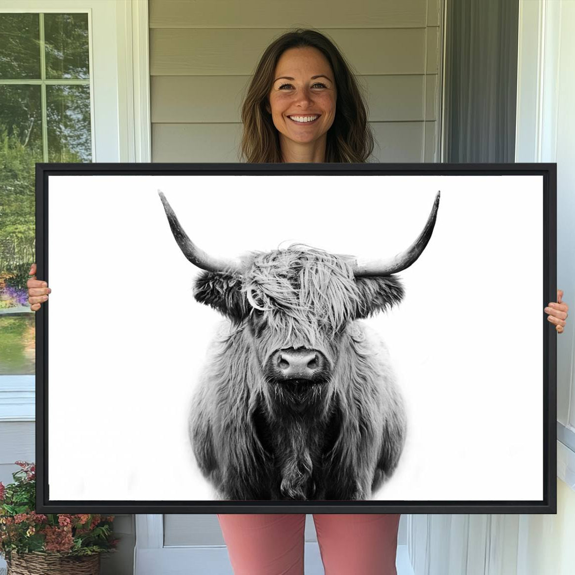 -Highland Cow Canvas Print Wall Art, Farmhouse Decor Cow Black White Print Rustic Wall Decor, Animals