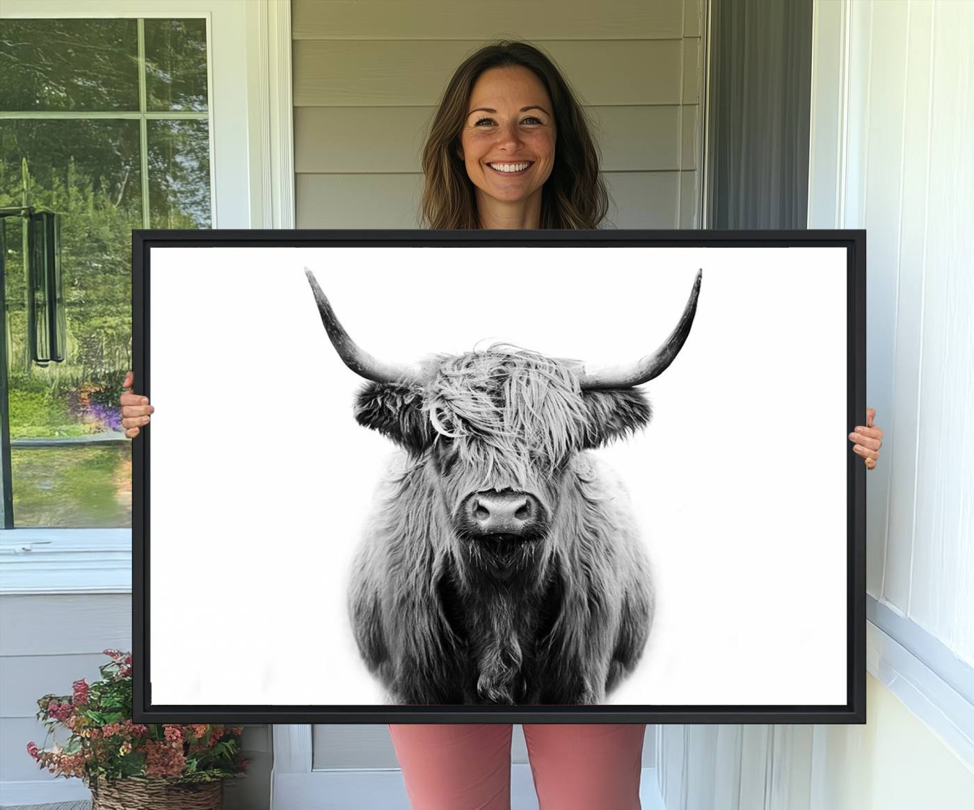 -Highland Cow Canvas Print Wall Art, Farmhouse Decor Cow Black White Print Rustic Wall Decor, Animals