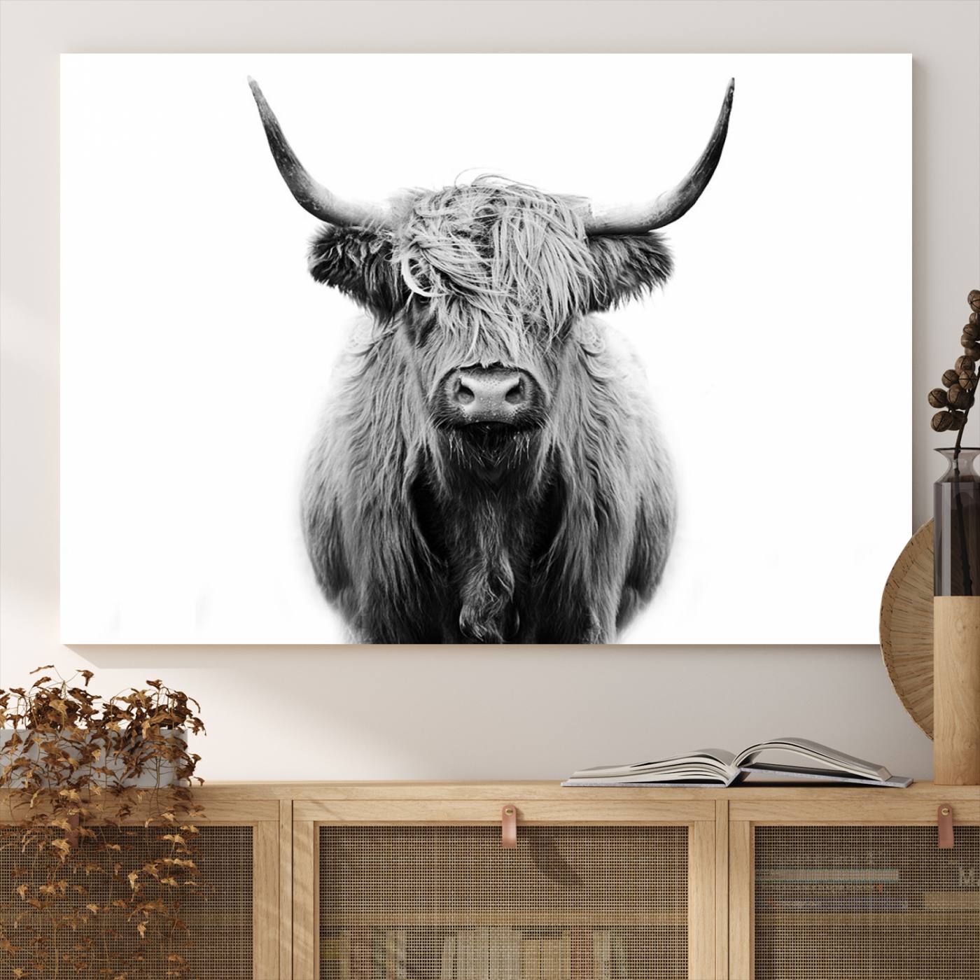 -Highland Cow Canvas Print Wall Art, Farmhouse Decor Cow Black White Print Rustic Wall Decor, Animals