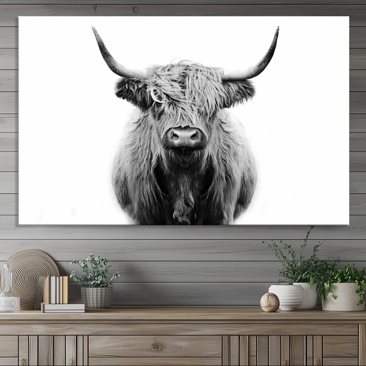 -Highland Cow Canvas Print Wall Art, Farmhouse Decor Cow Black White Print Rustic Wall Decor, Animals
