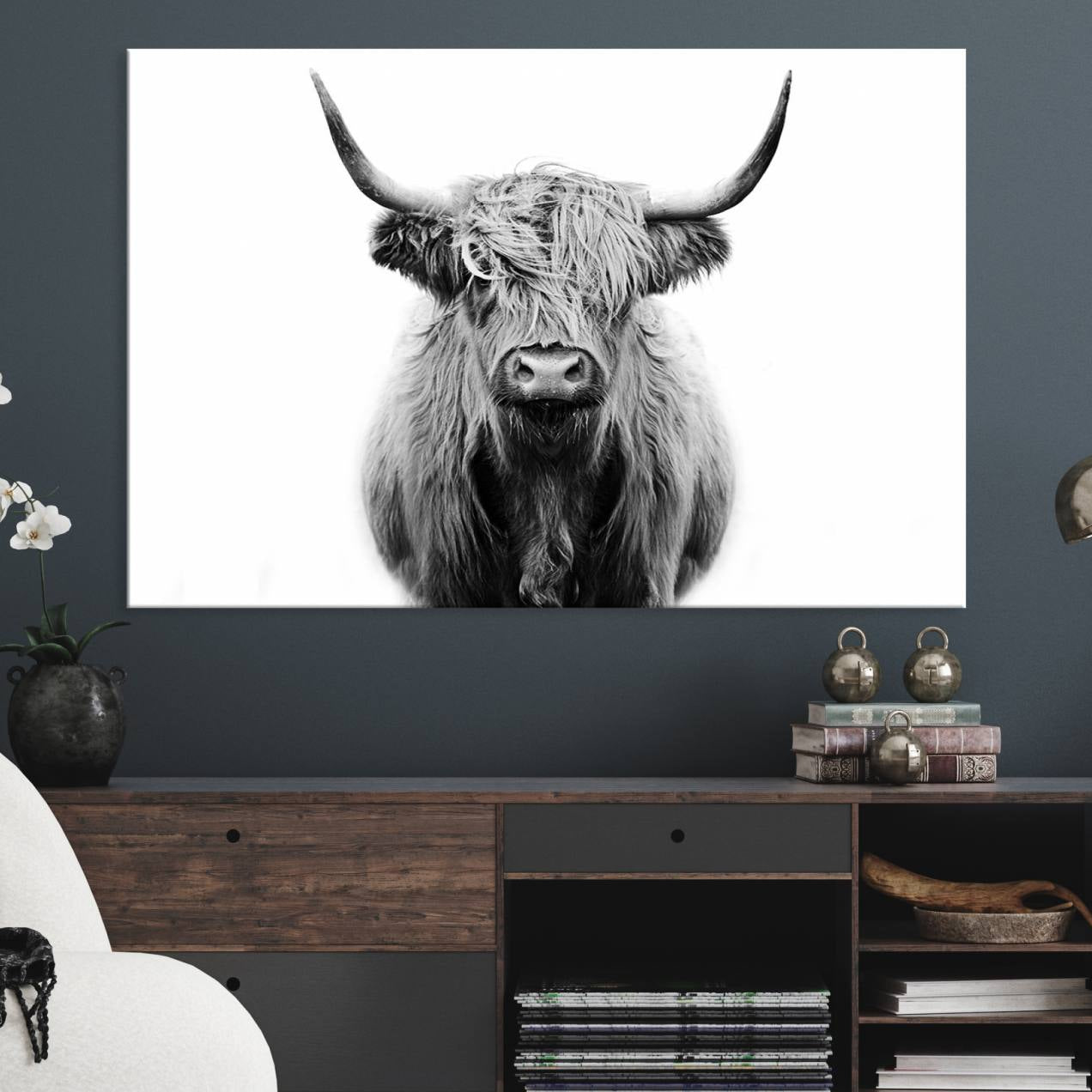 -Highland Cow Canvas Print Wall Art, Farmhouse Decor Cow Black White Print Rustic Wall Decor, Animals