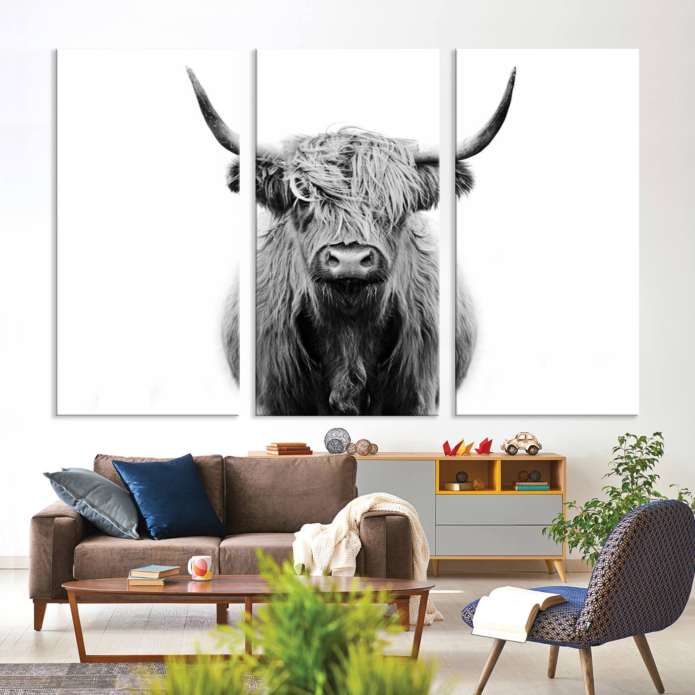 -Highland Cow Canvas Print Wall Art, Farmhouse Decor Cow Black White Print Rustic Wall Decor, Animals