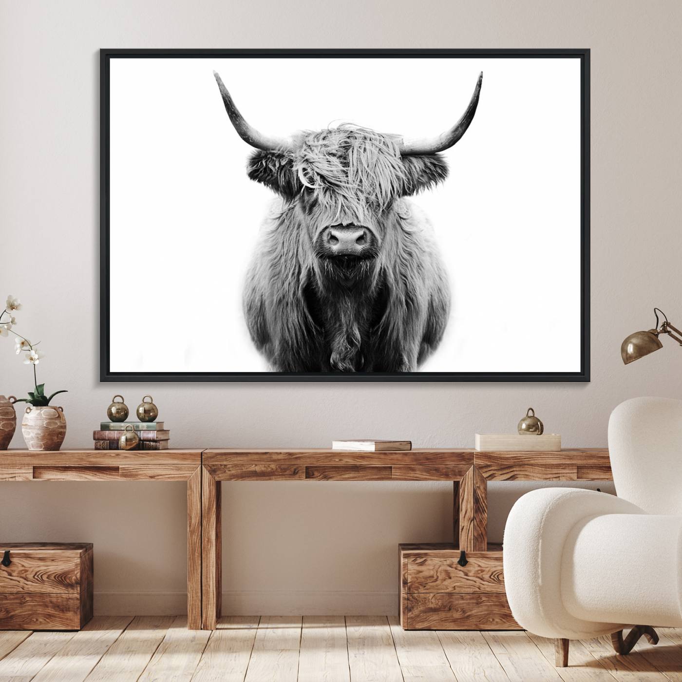 81315-MGV-FC-36X24_Black-Highland Cow Canvas Print Wall Art, Farmhouse Decor Cow Black White Print Rustic Wall Decor, Animals